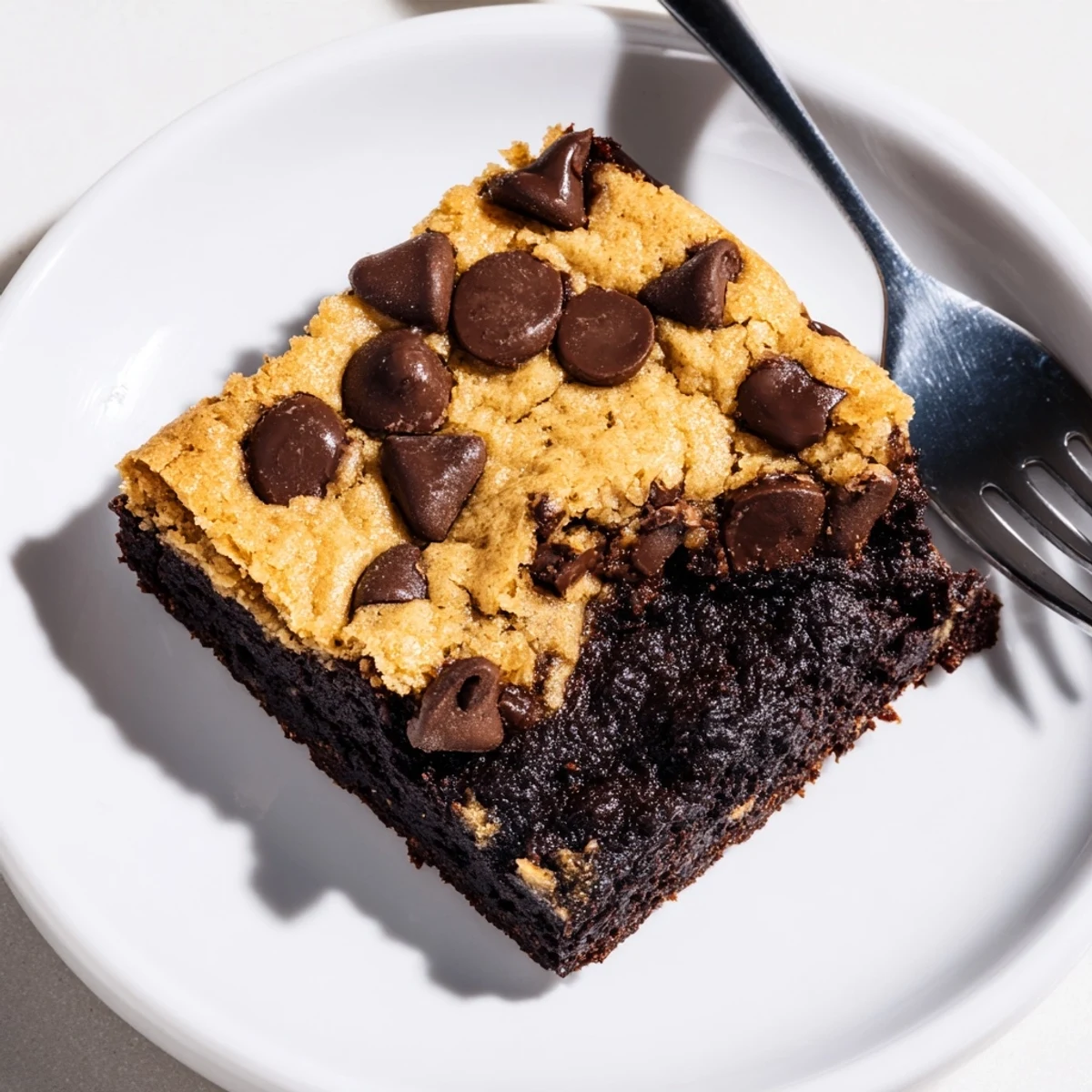 Fudgy chocolate chip cookie brownies with melty chocolate chips on a white plate