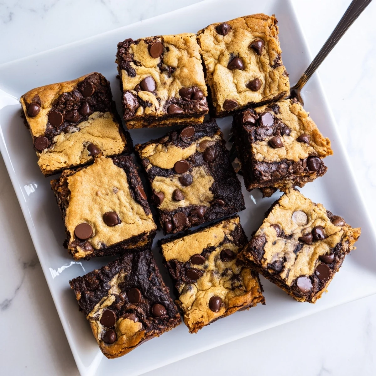 Homemade fudgy chewy browkies with marbled dark chocolate and chocolate chip cookie layers