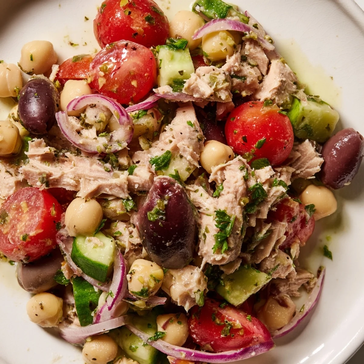 Vibrant hearty tuna and garbanzo bean salad with fresh vegetables in zesty lemon dressing