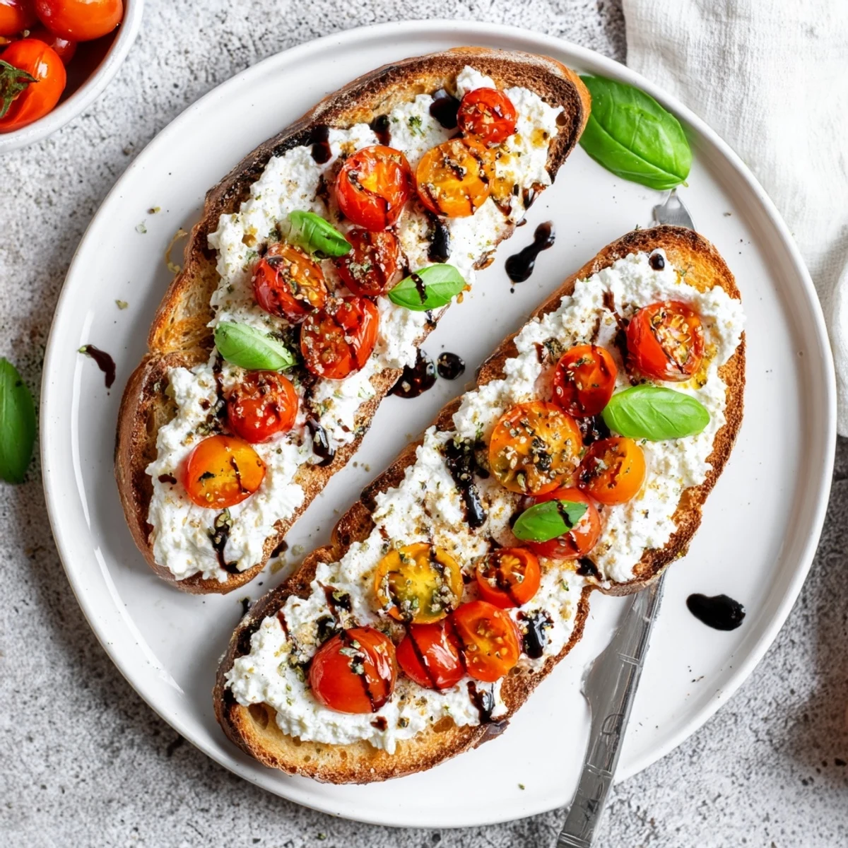 Golden ricotta tomato sourdough toast topped with fresh basil and juicy cherry tomatoes