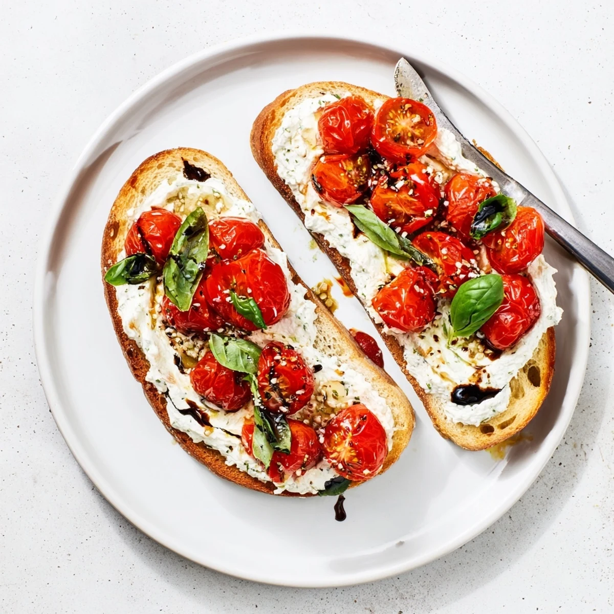 Creamy ricotta spread on crispy sourdough with vibrant tomato basil topping and balsamic