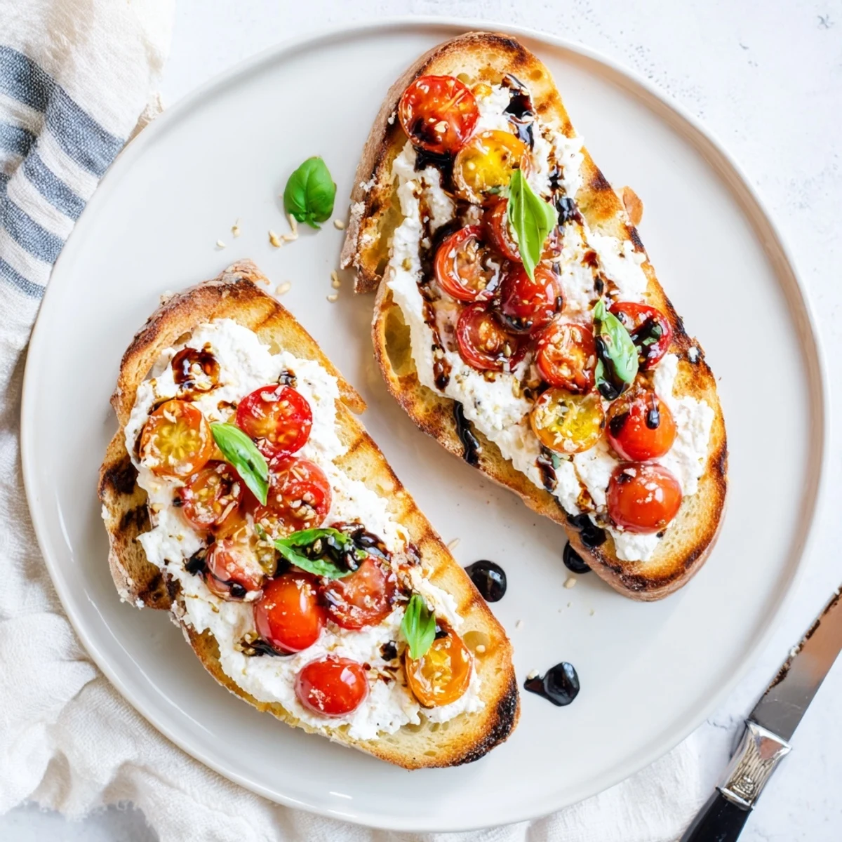 Open faced toast featuring seasoned ricotta cheese with halved tomatoes and torn fresh basil