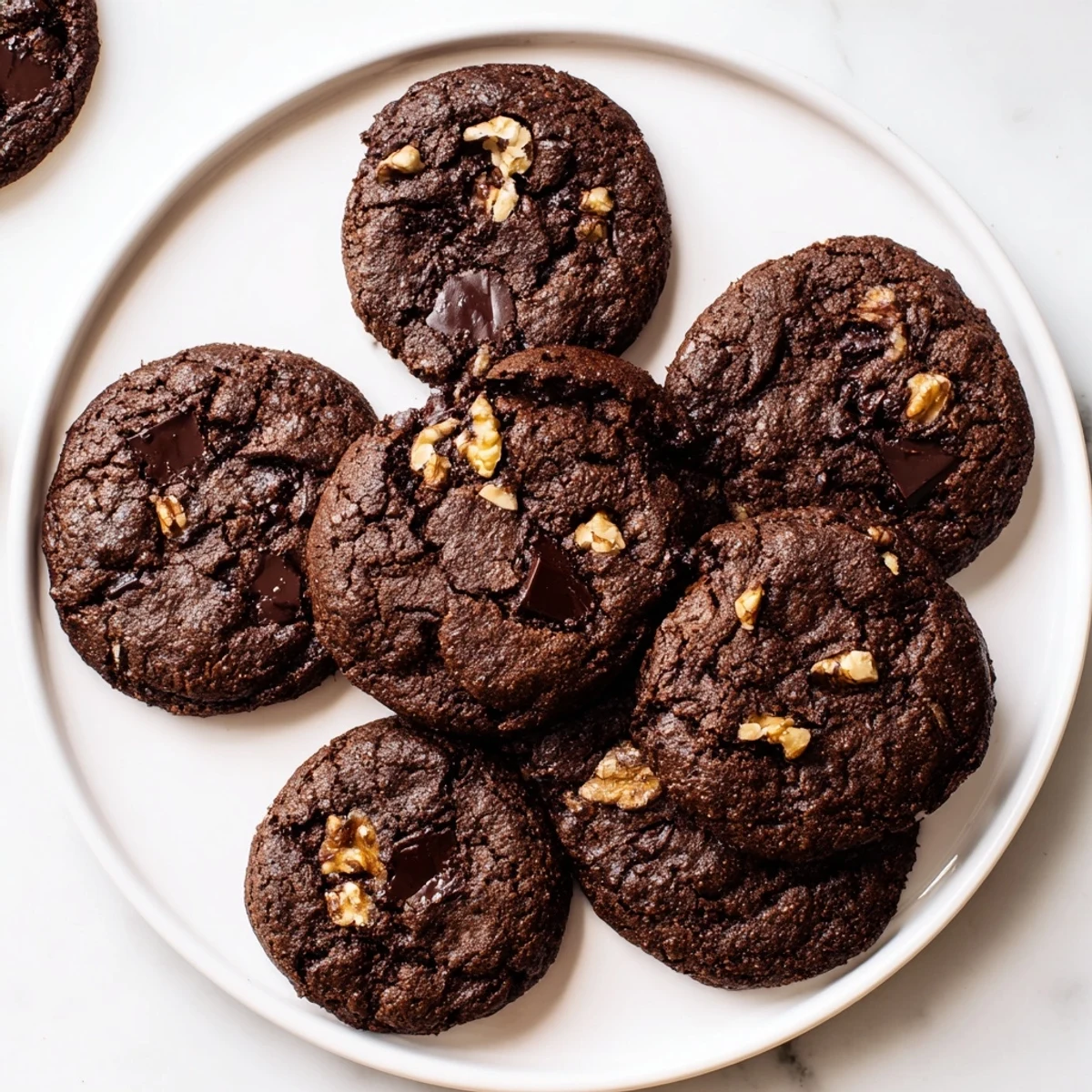 Rich chocolate sourdough brownie cookies cooling on a wire rack with powdered sugar