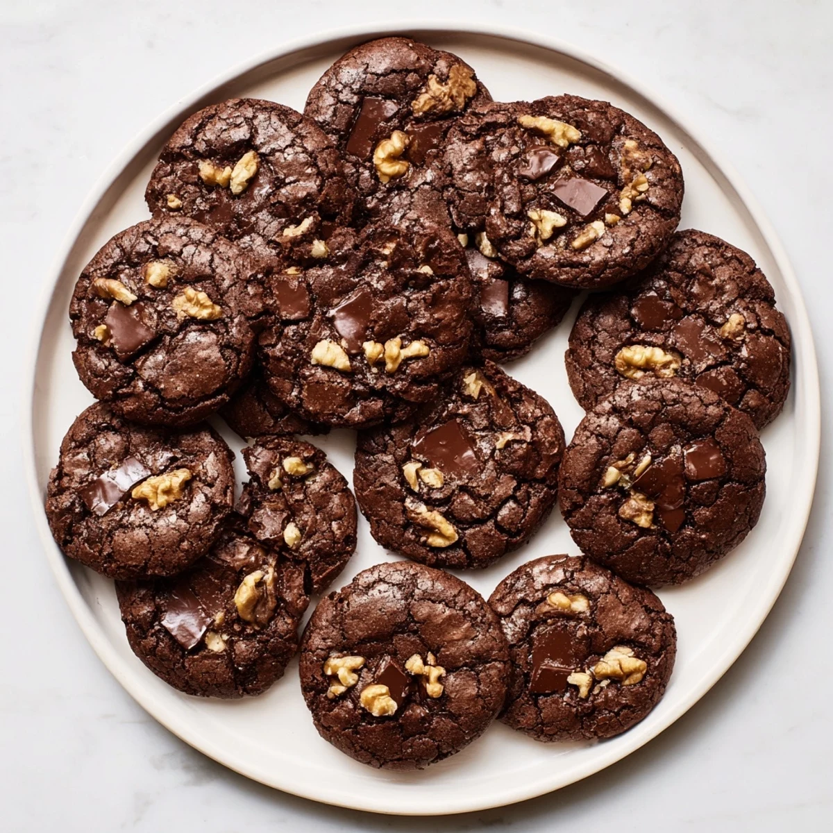Batch of freshly baked sourdough brownie cookies with crisp edges and gooey centers