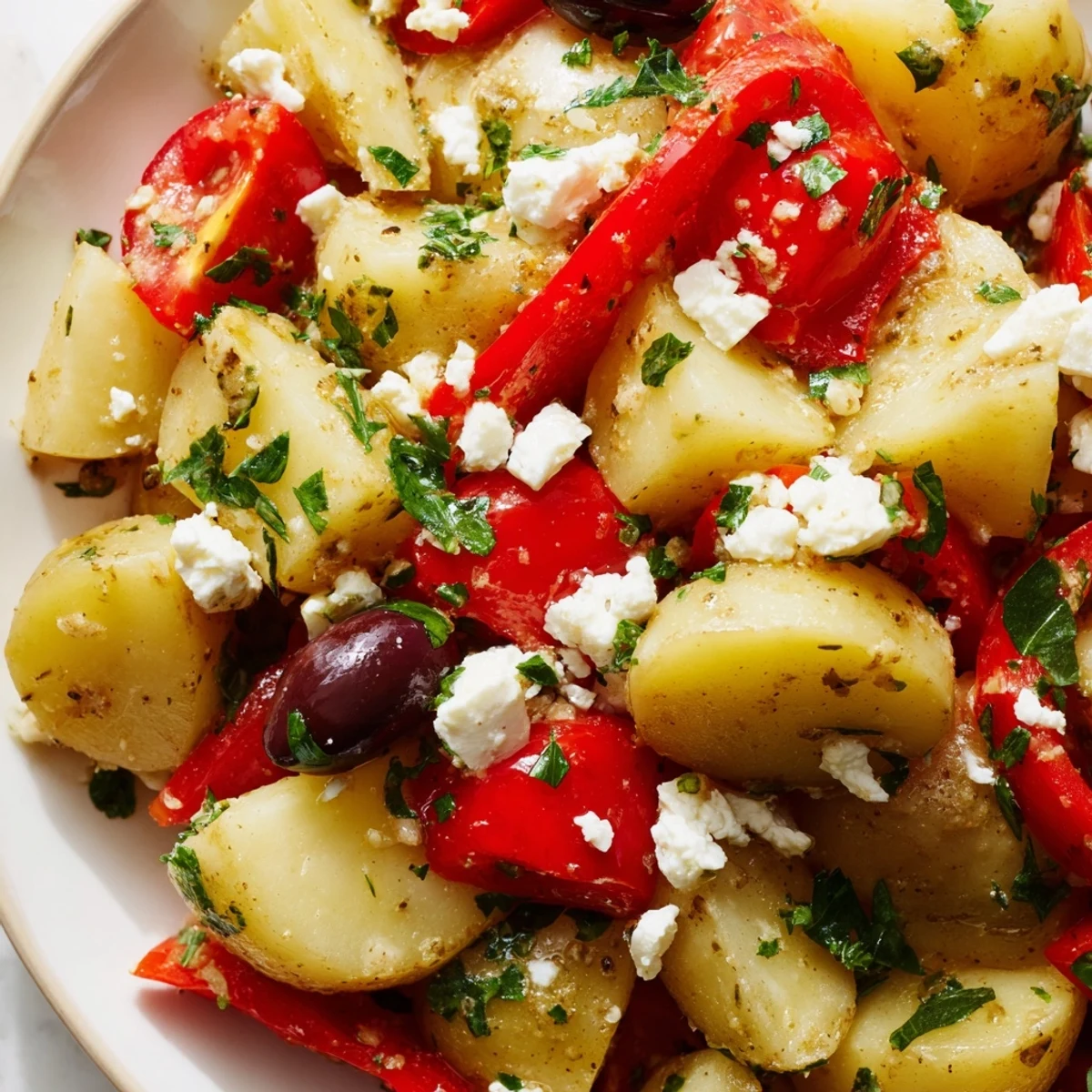 Golden Greek potato salad with tender potatoes, crisp vegetables, and crumbled feta dressed in zesty lemon-oregano