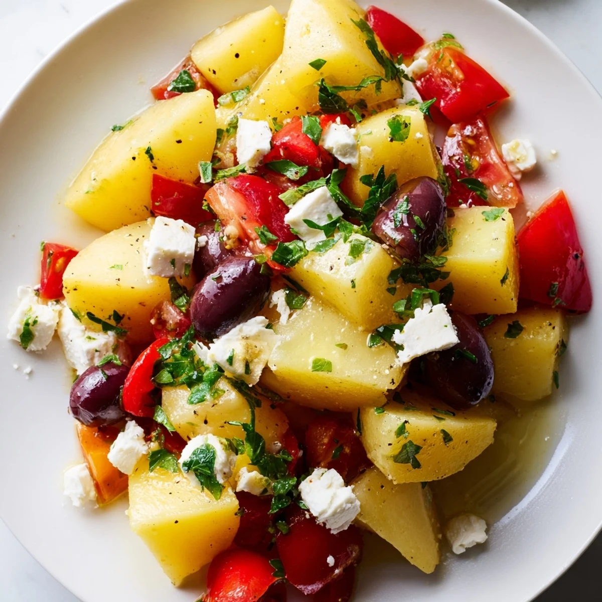Fresh Greek potato salad with Kalamata olives, red bell pepper, and tangy feta in herb lemon dressing