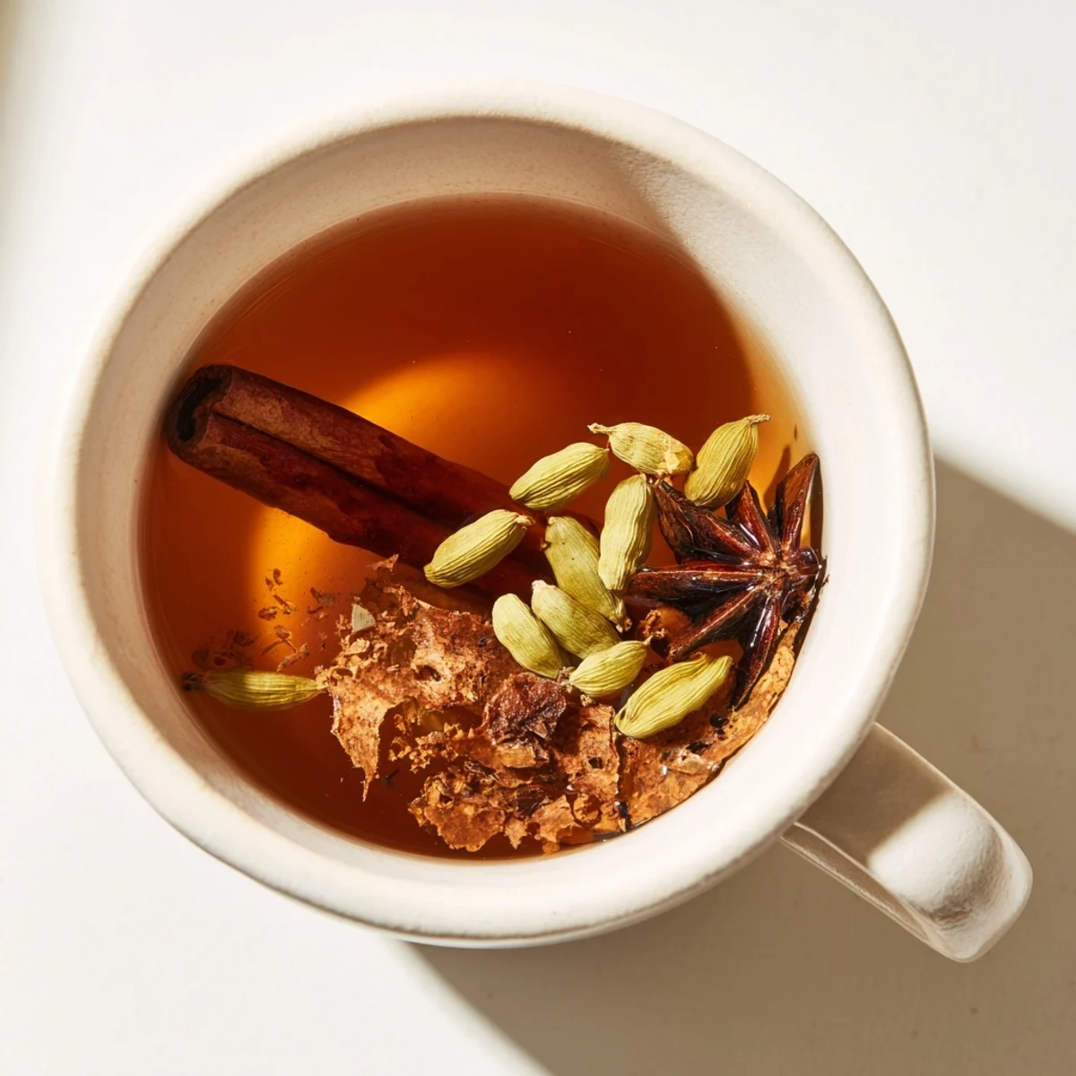 Golden Lebanese spiced tea infused with warming cinnamon, cloves, and fresh ginger slices in a glass teapot