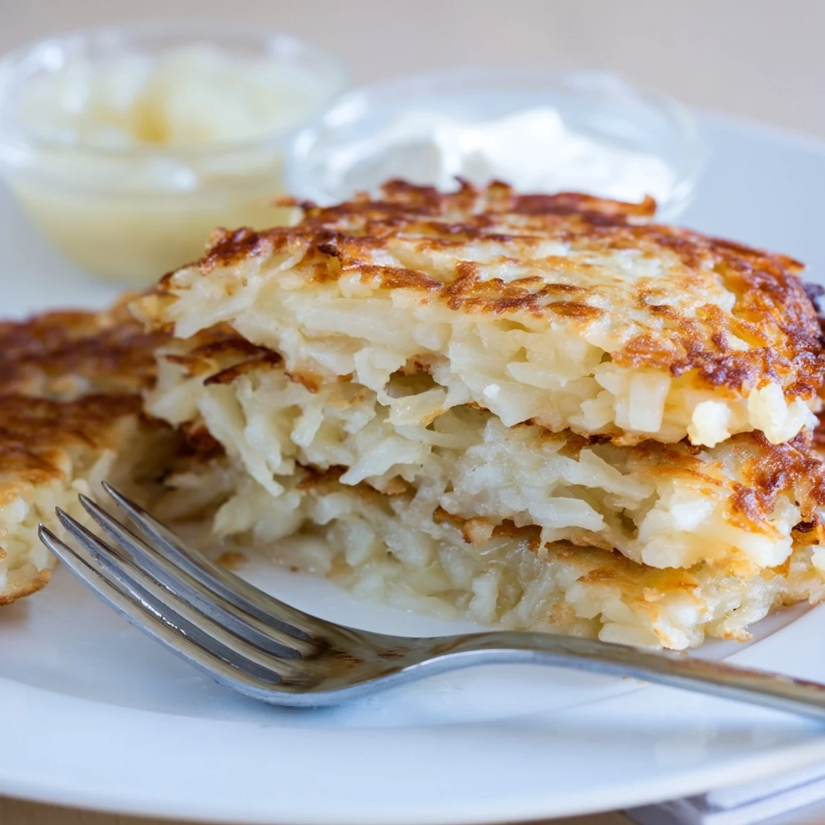 Crispy fried German potato pancakes served piping hot with side of chilled applesauce for dipping