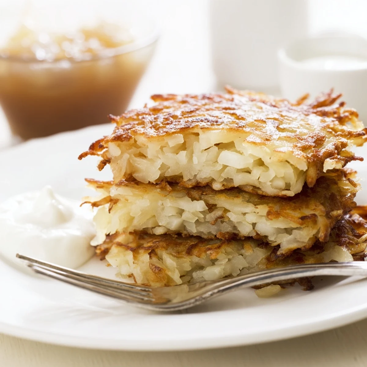 Golden brown German potato pancakes stacked on a white plate with dollop of sour cream