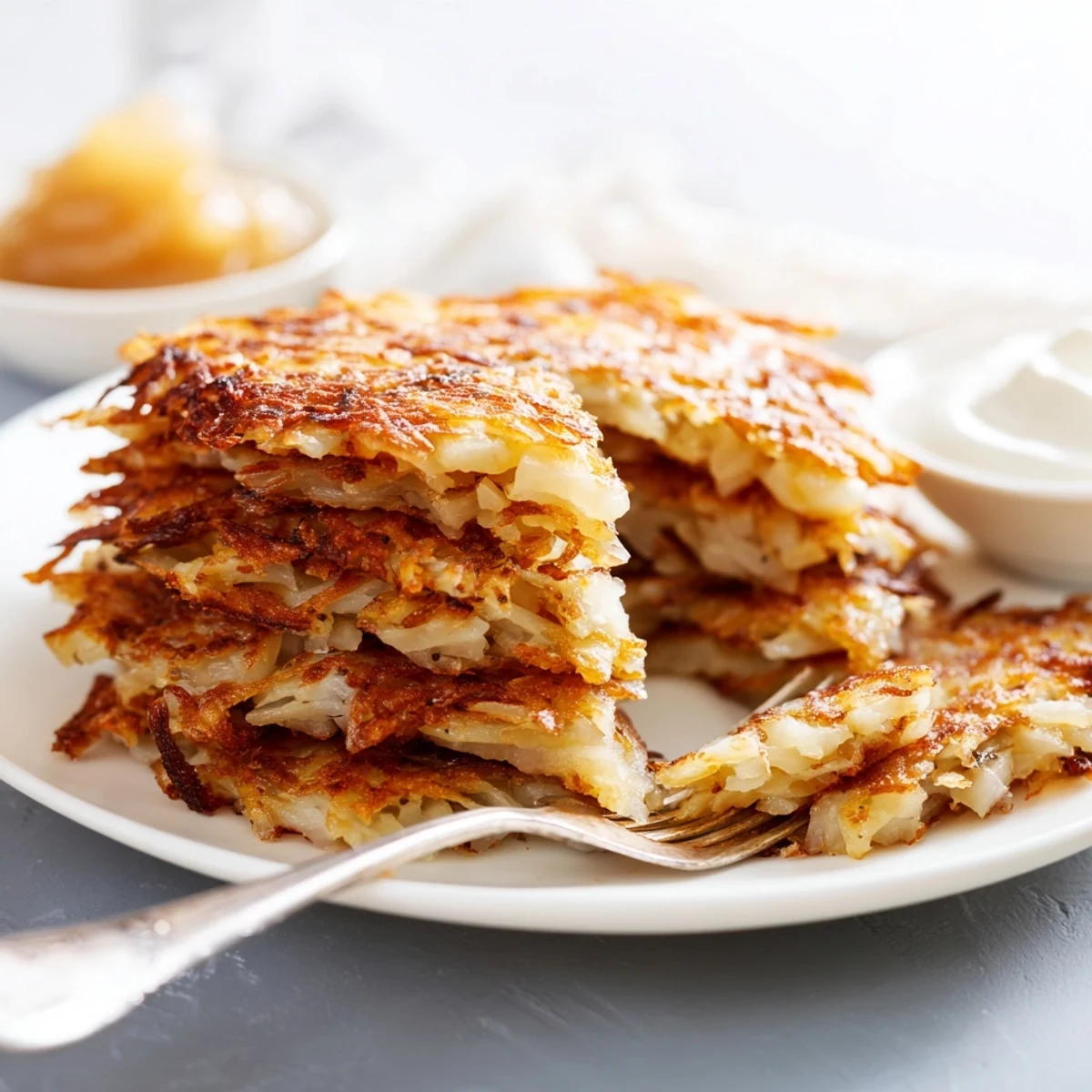 Homemade German potato pancakes frying in skillet with golden edges and fluffy tender centers