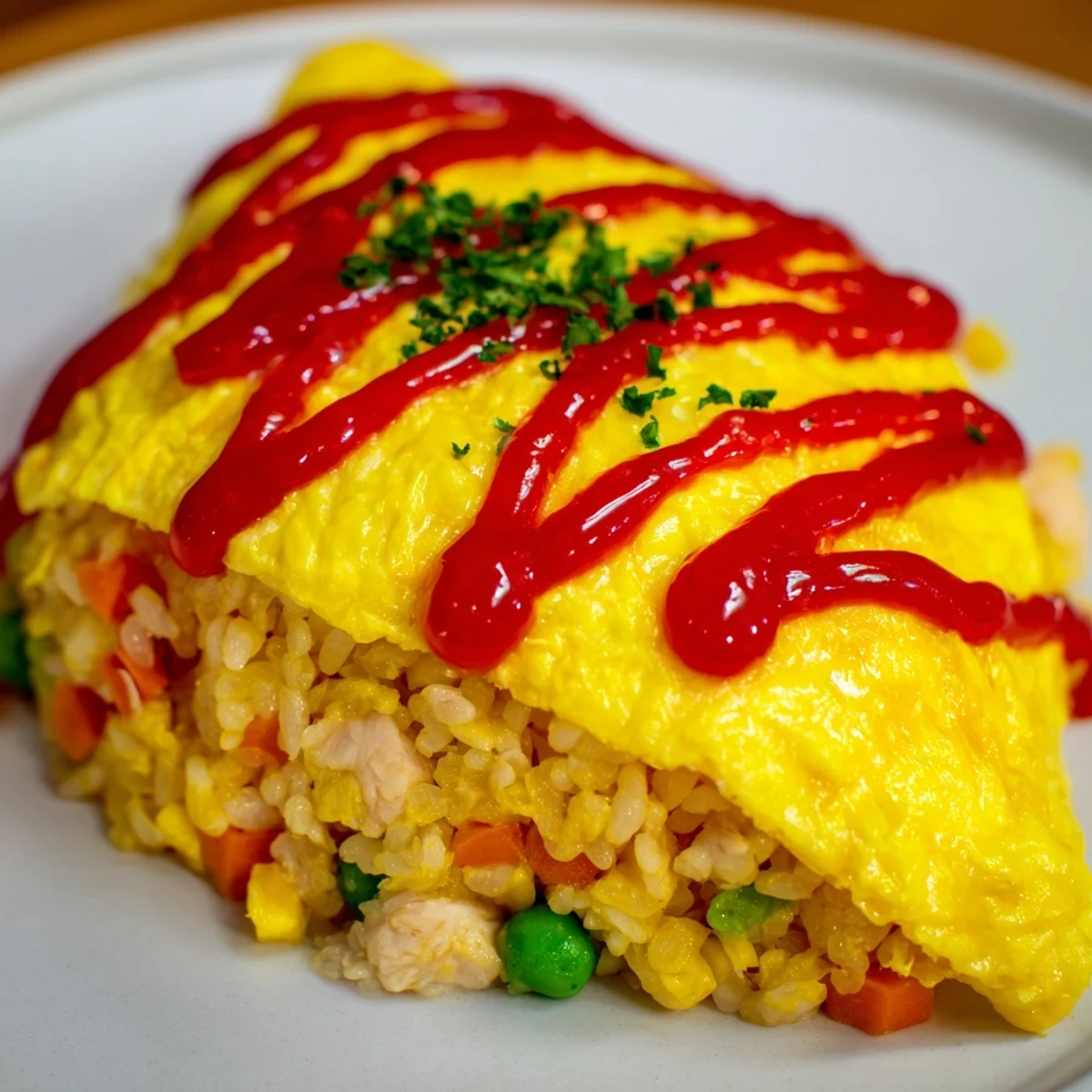 Silky egg omelet covering tender chicken and vegetable fried rice Omurice dish