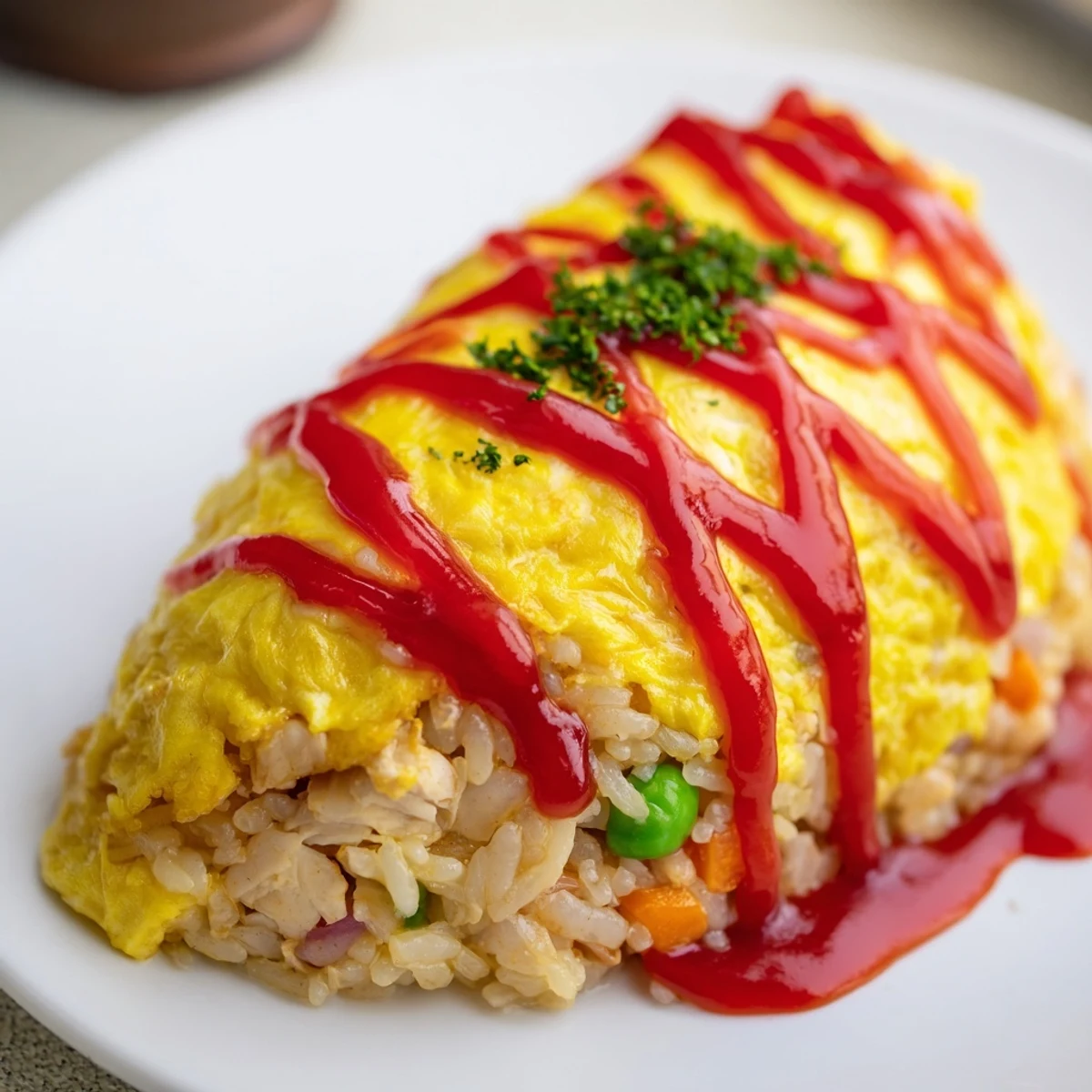 Fluffy yellow omelet draped over seasoned fried rice Omurice with ketchup drizzle