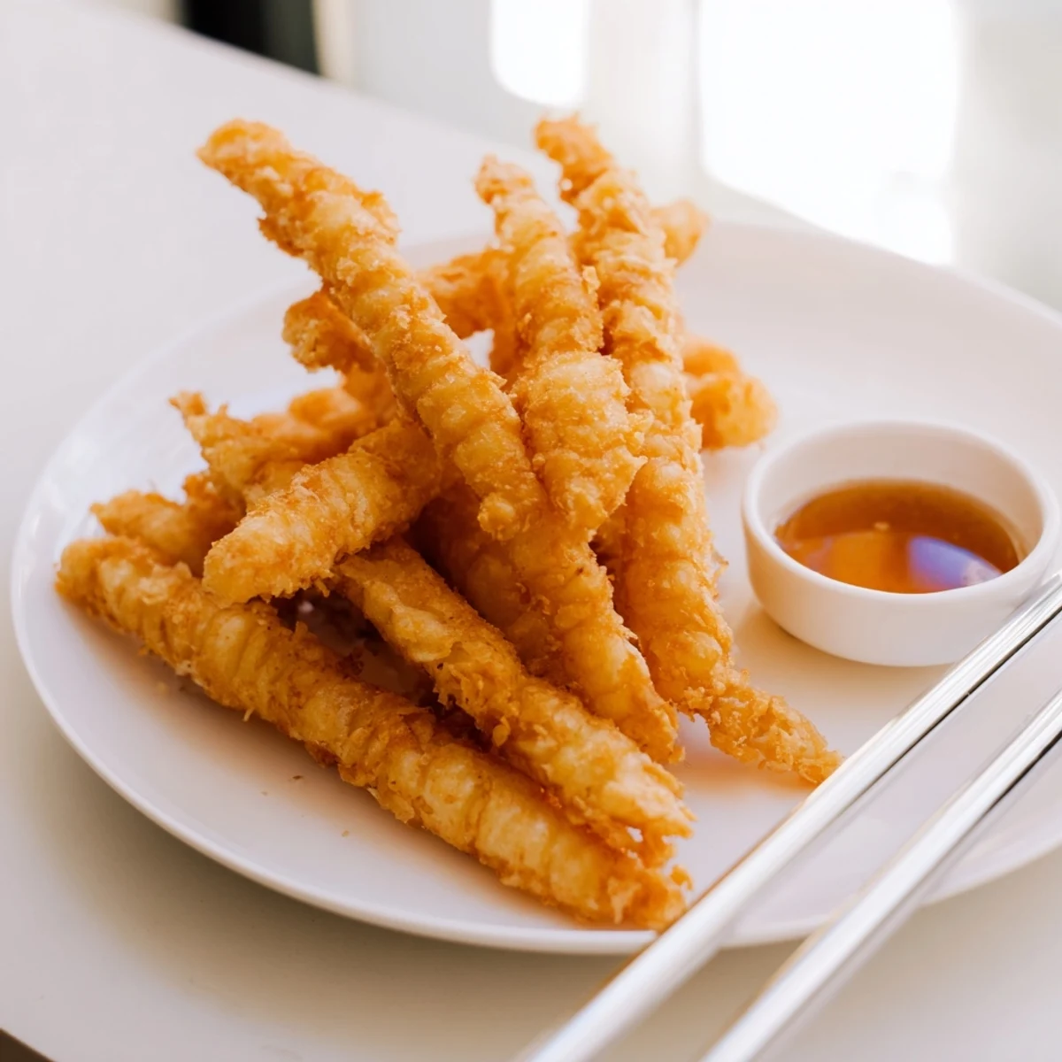 Golden chicken tempura pieces arranged on a white plate with small bowl of tangy dipping sauce