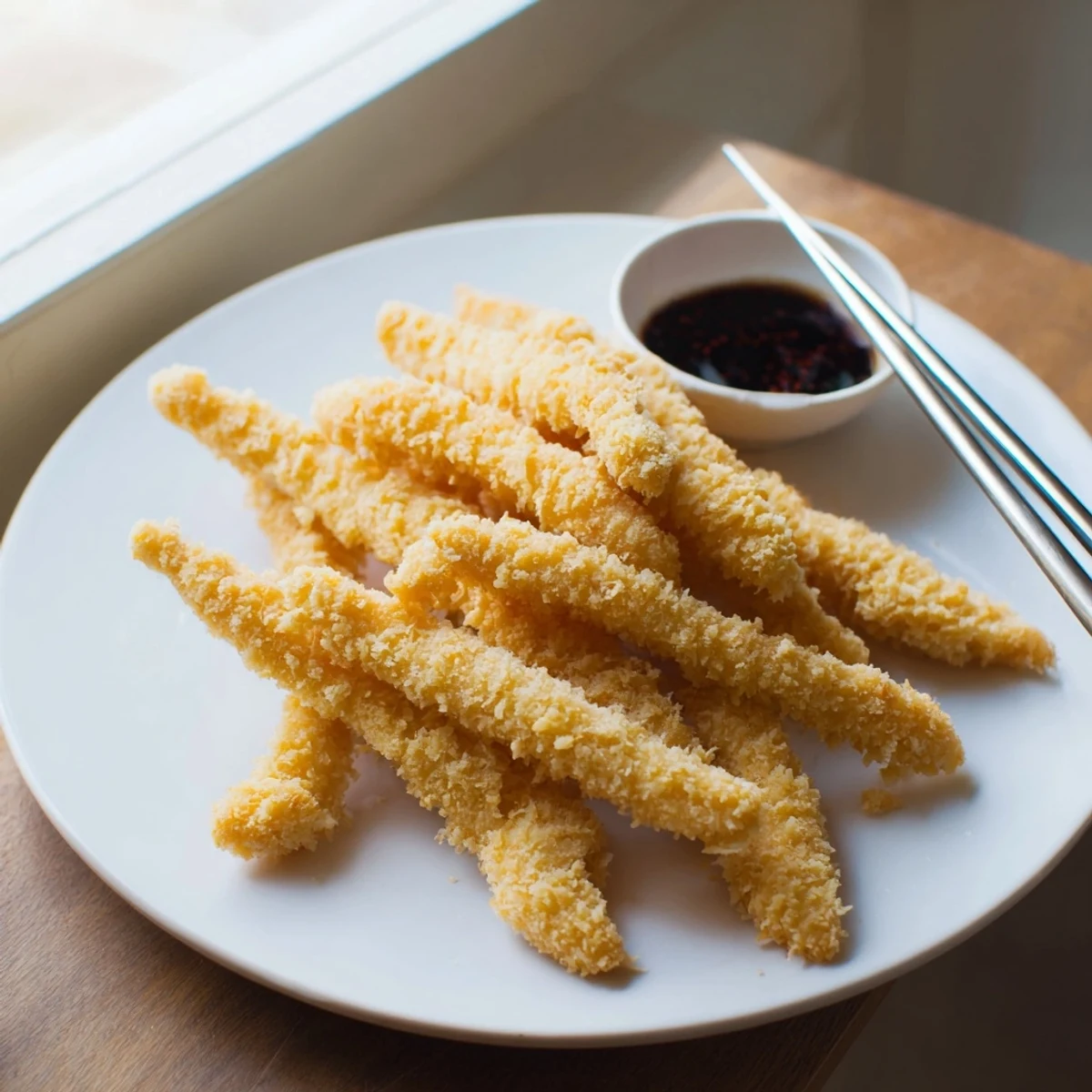 Crispy Japanese-style chicken tempura resting on wire rack after deep frying to golden perfection