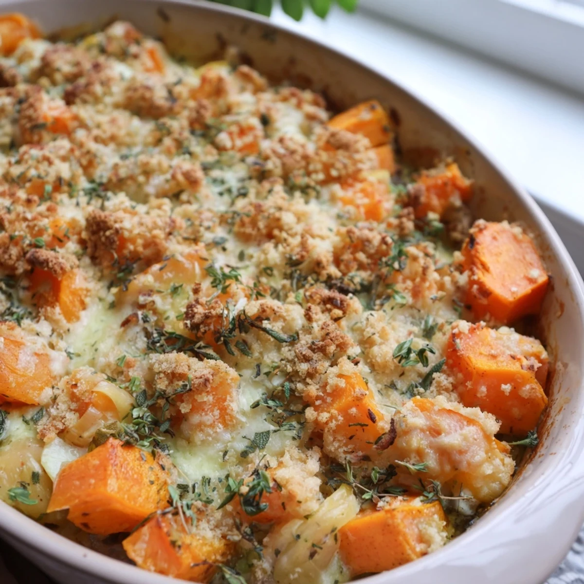 Golden brown creamy winter vegetable casserole topped with melted Gruyère cheese and crispy buttered breadcrumbs