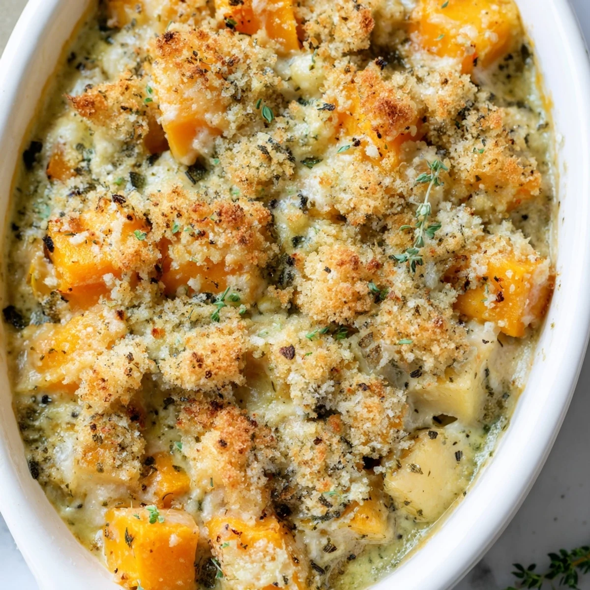 Oven-baked winter vegetable casserole featuring tender squash and parsnips in a rich herbed cream sauce