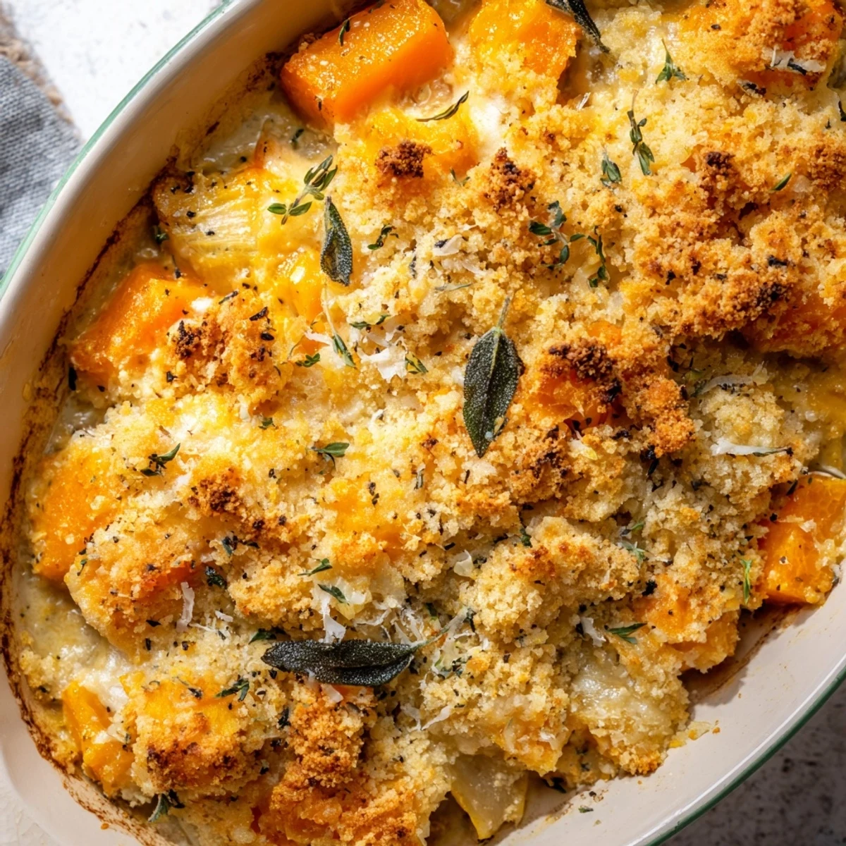 Bubbling winter vegetable casserole sprinkled with fresh parsley and golden panko topping on a white serving dish