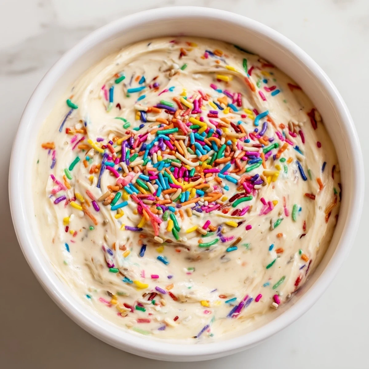 Creamy high protein Dunkaroo dip topped with colorful rainbow sprinkles in a serving bowl