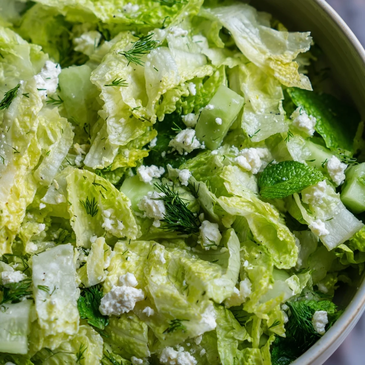 Fresh Maroulosalata Greek salad with shredded romaine, herbs, and lemon dressing in a white bowl