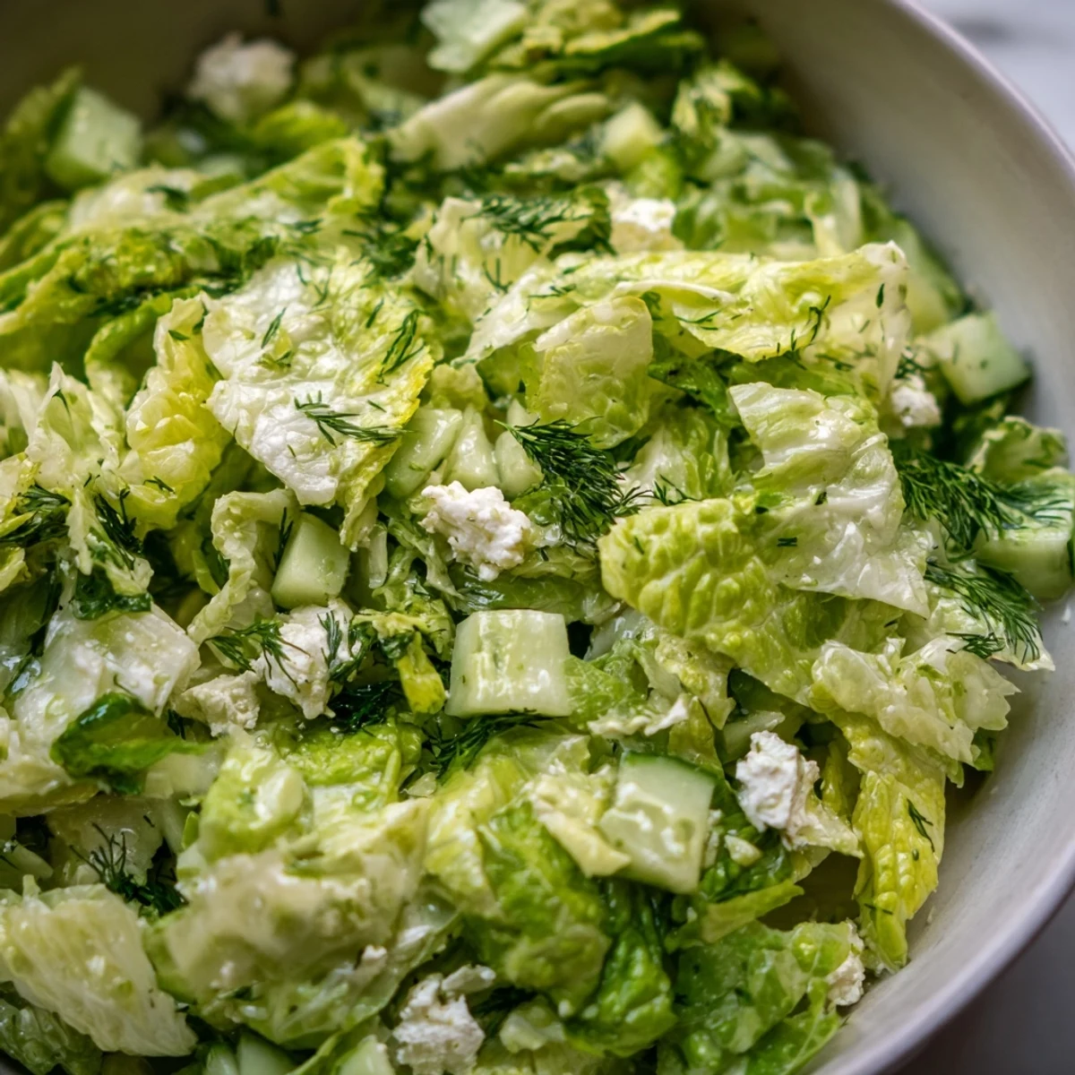 Crisp romaine lettuce salad tossed with dill, mint, scallions, and bright olive oil dressing
