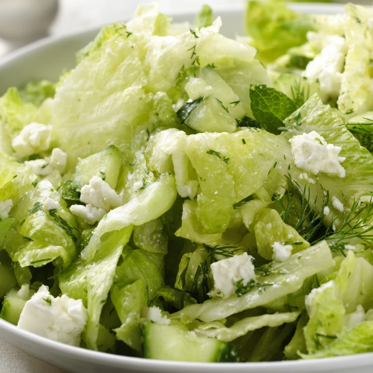 Vibrant Greek Maroulosalata featuring green herbs, crunchy vegetables, and optional crumbled feta cheese topping