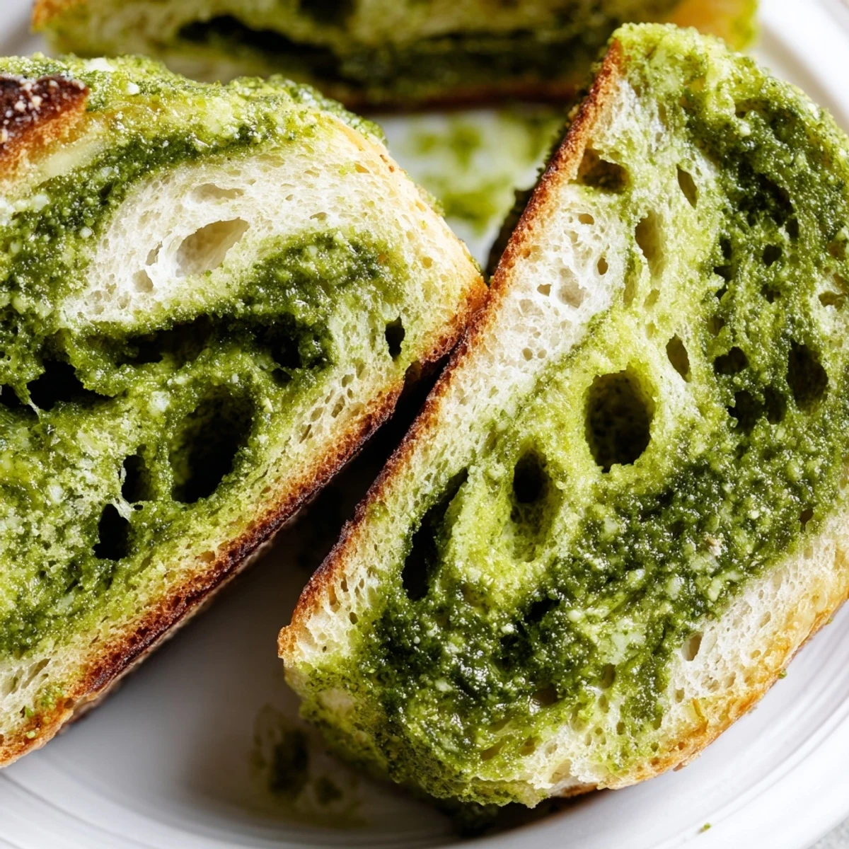 Golden pesto parmesan sourdough loaf with vibrant green swirls and crusty exterior