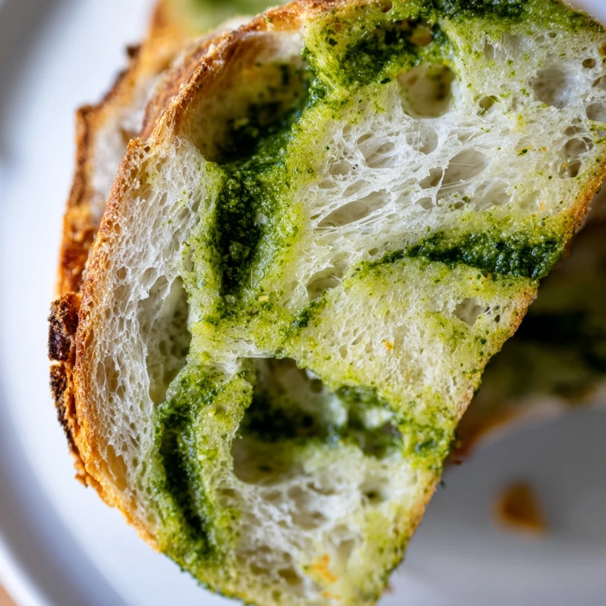 Freshly baked pesto parmesan sourdough with golden parmesan crust and herb flecks