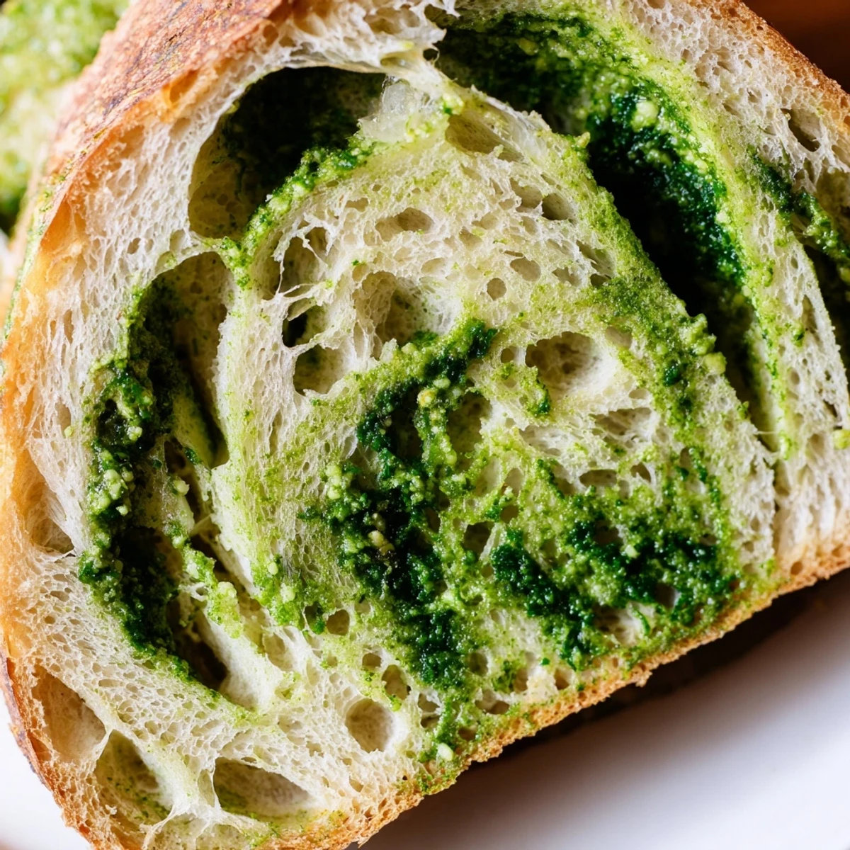 Sliced pesto parmesan sourdough bread showing melty cheese and aromatic basil layers