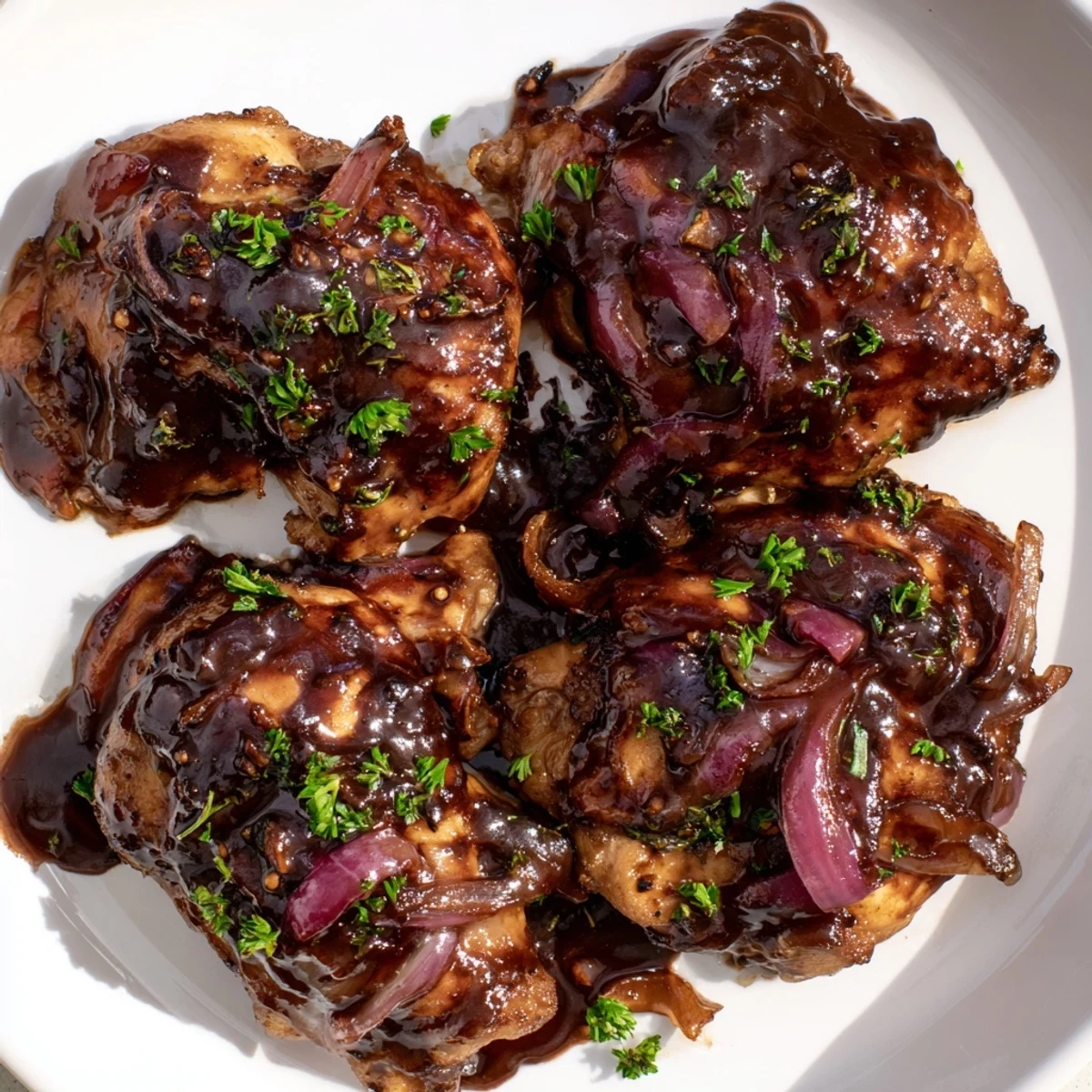 Golden brown slow cooker balsamic chicken thighs drizzled with rich dark glaze