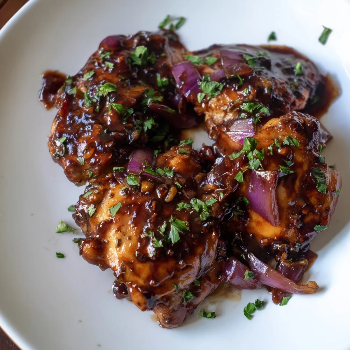 Tender chicken thighs simmered in tangy balsamic sauce with caramelized onion pieces