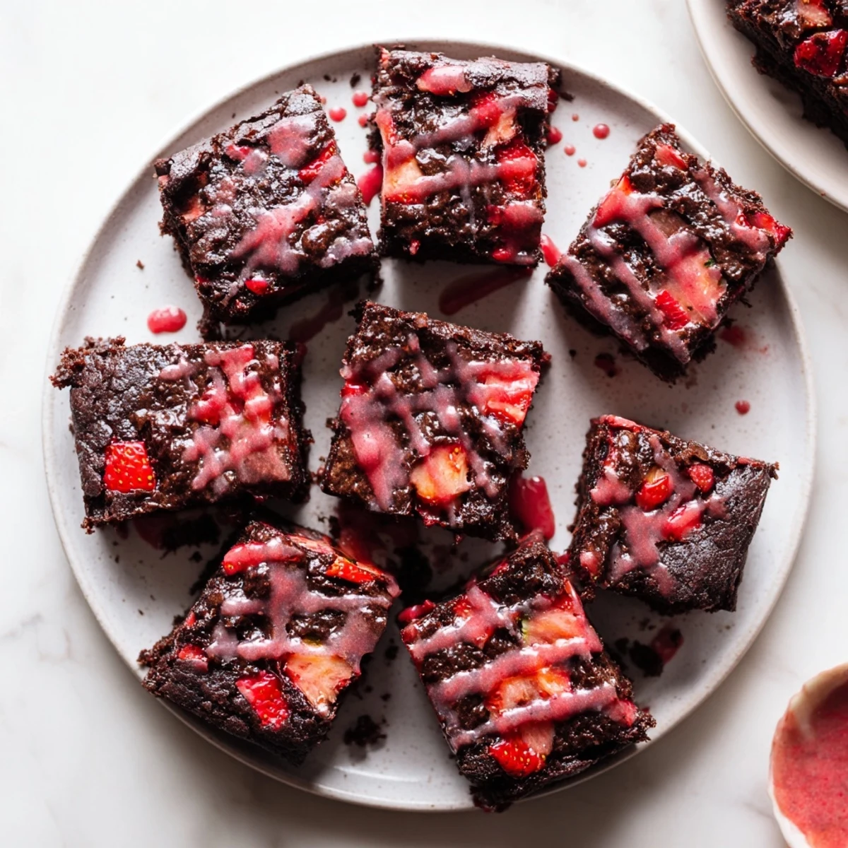Easy strawberry brownies drizzled with pink strawberry glaze on a white serving plate
