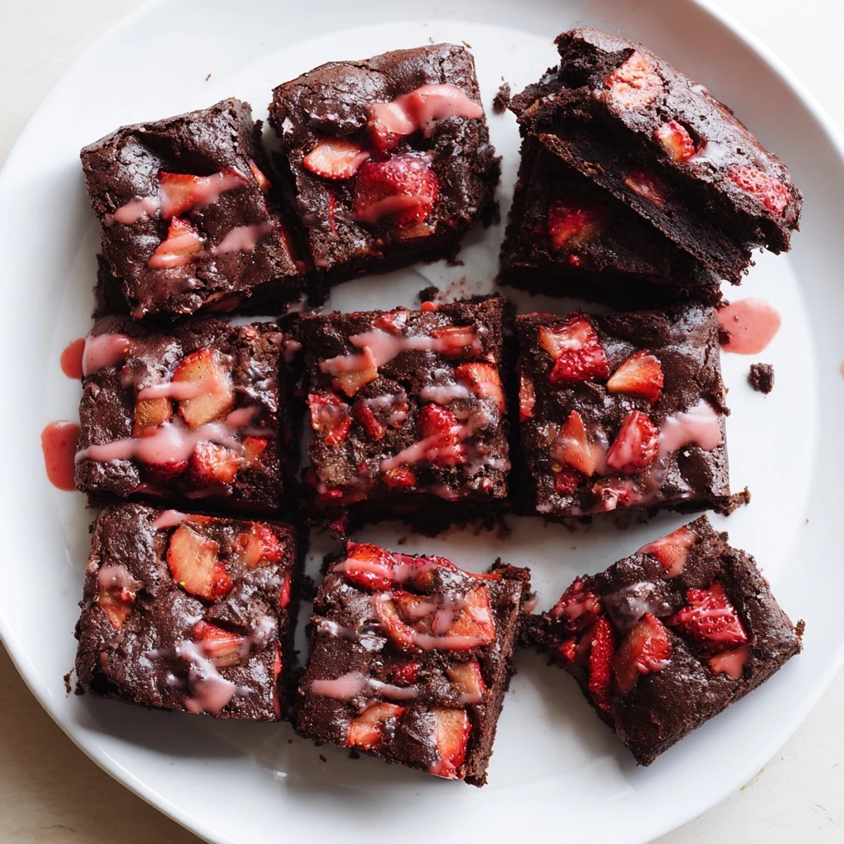 Square of easy strawberry brownie showing moist texture with red strawberry bits throughout