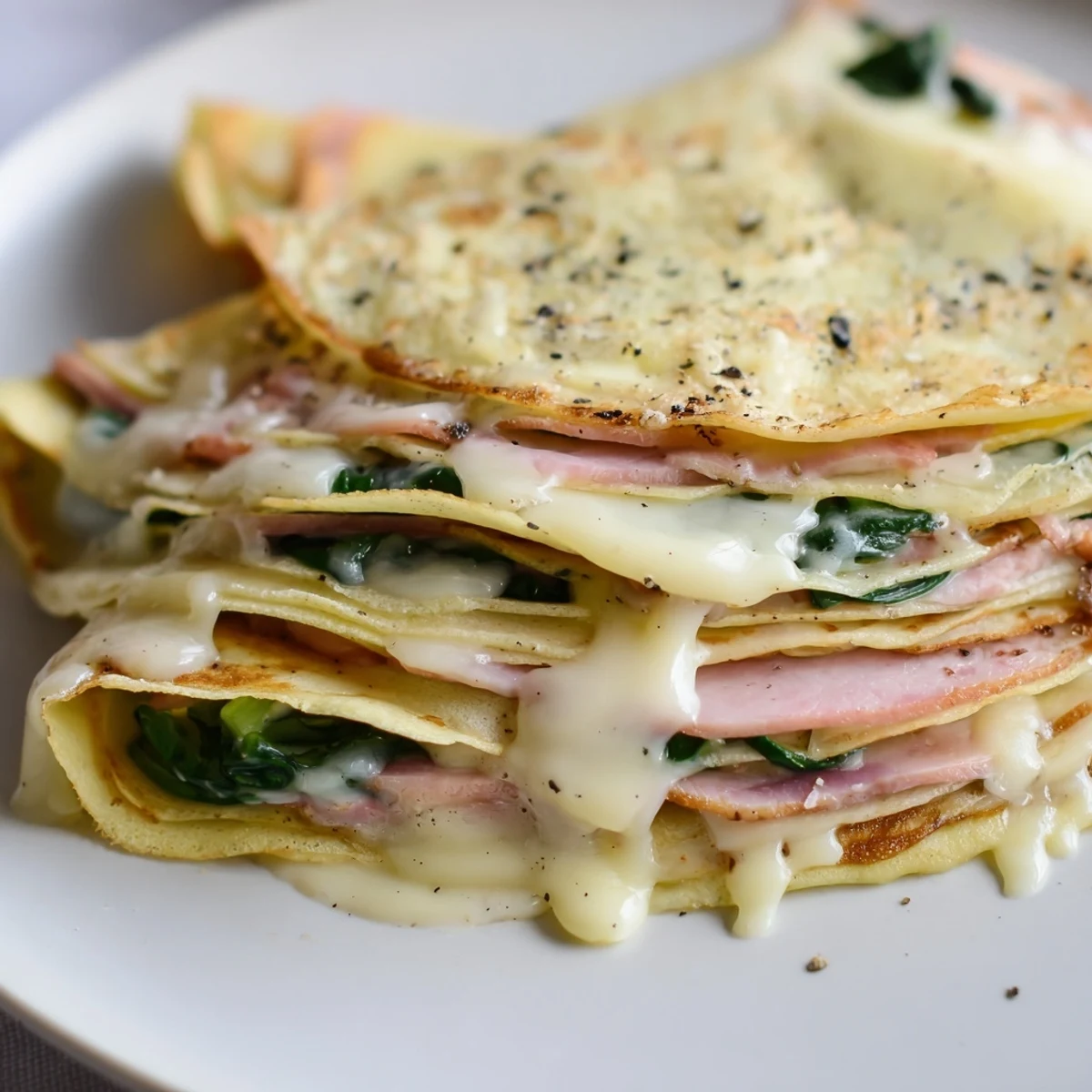 Golden savory crepes folded over melted Gruyère cheese and tender spinach filling