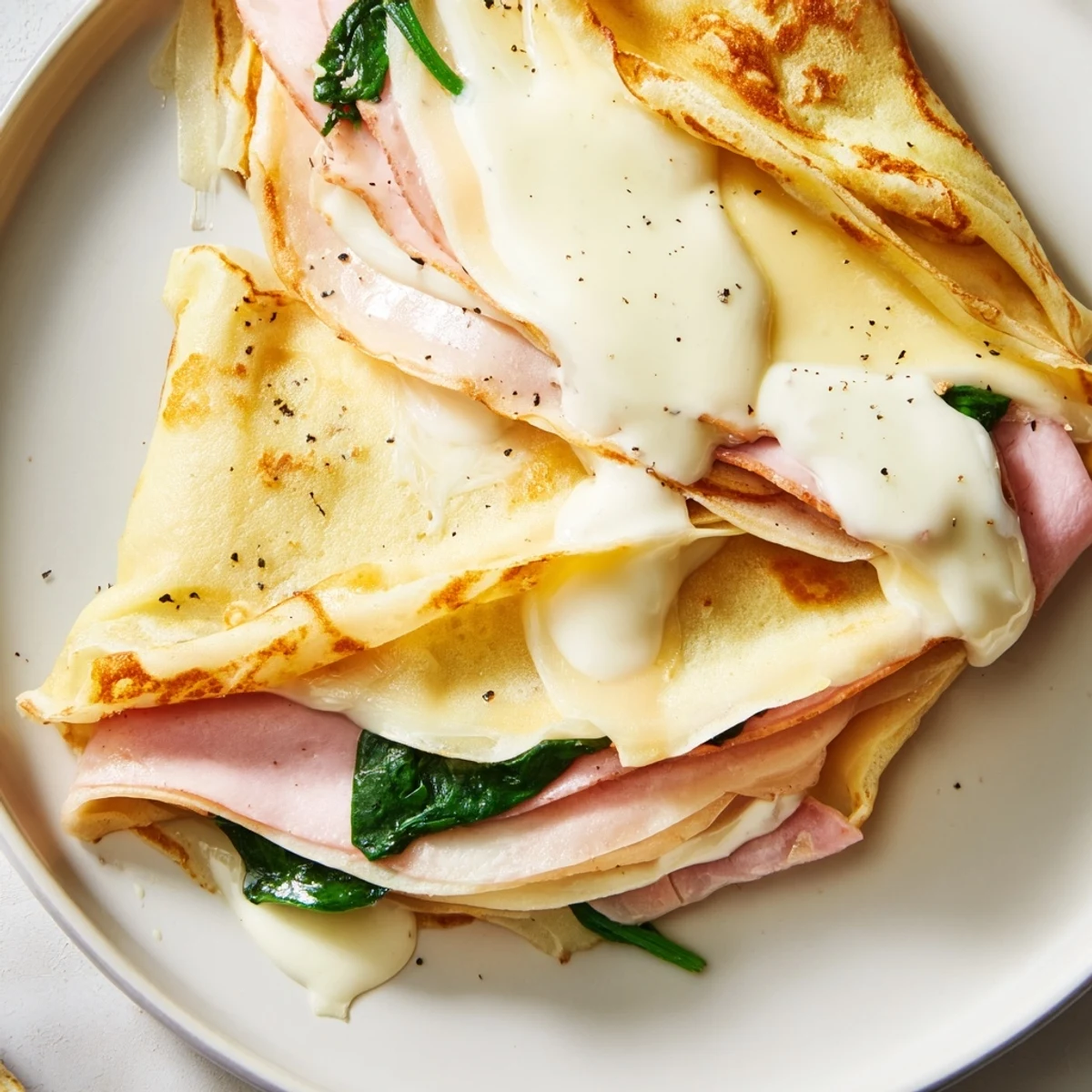 Thin French savory crepes filled with ham, cheese, and fresh spinach, ready to serve