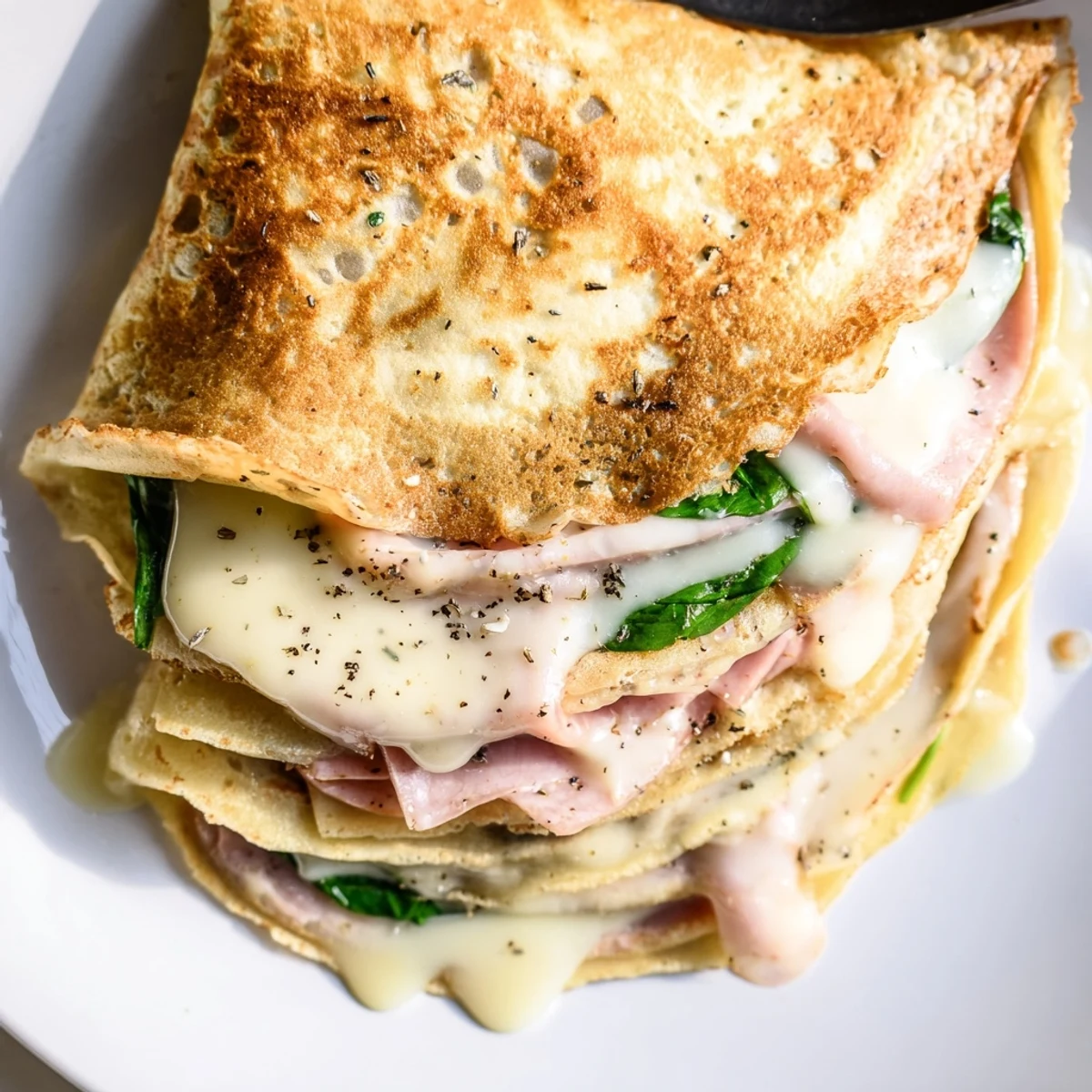 Delicate savory crepes with gooey melted cheese and chopped spinach on a white plate