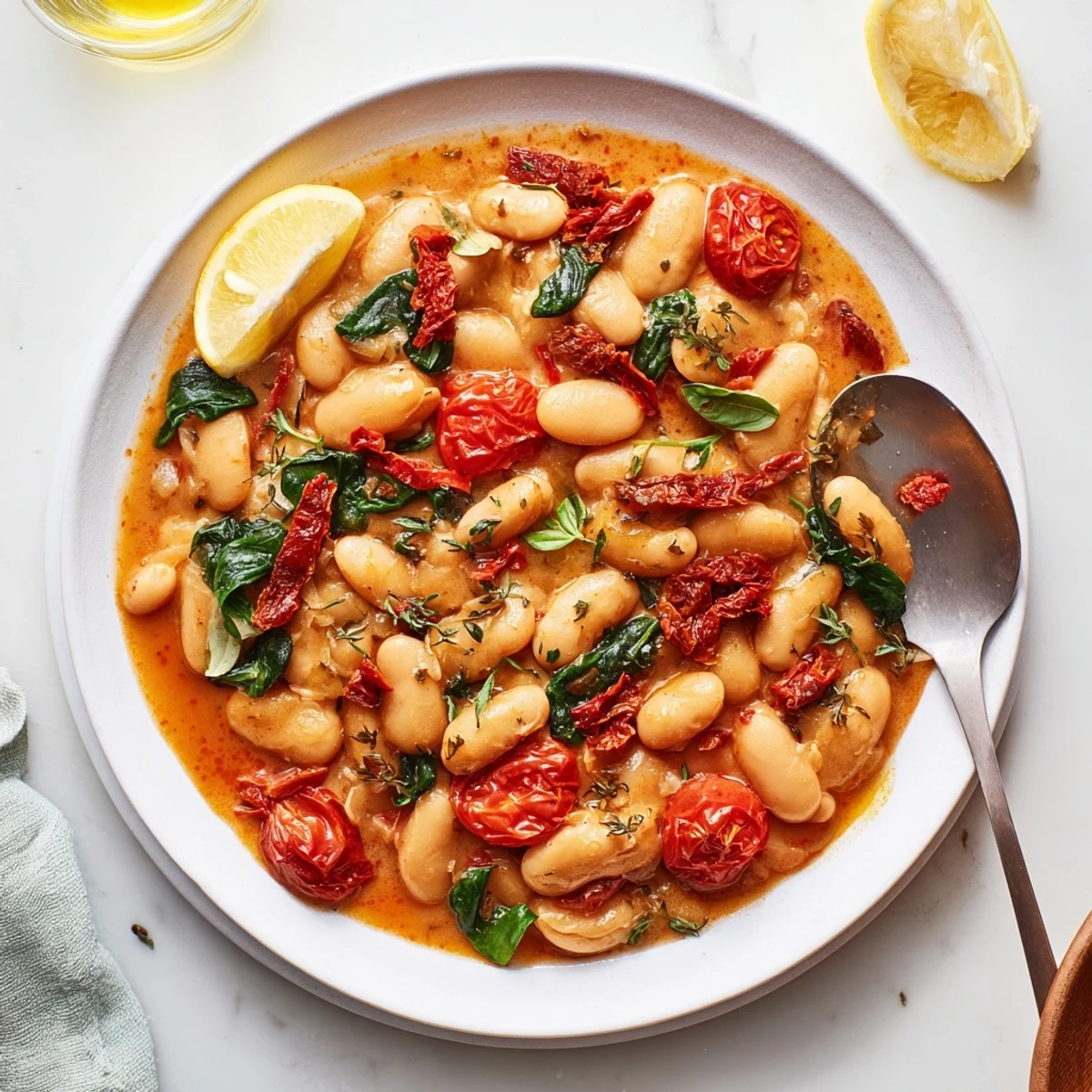 Bowl of Greek yogurt marry me butter beans topped with chopped basil and served warm