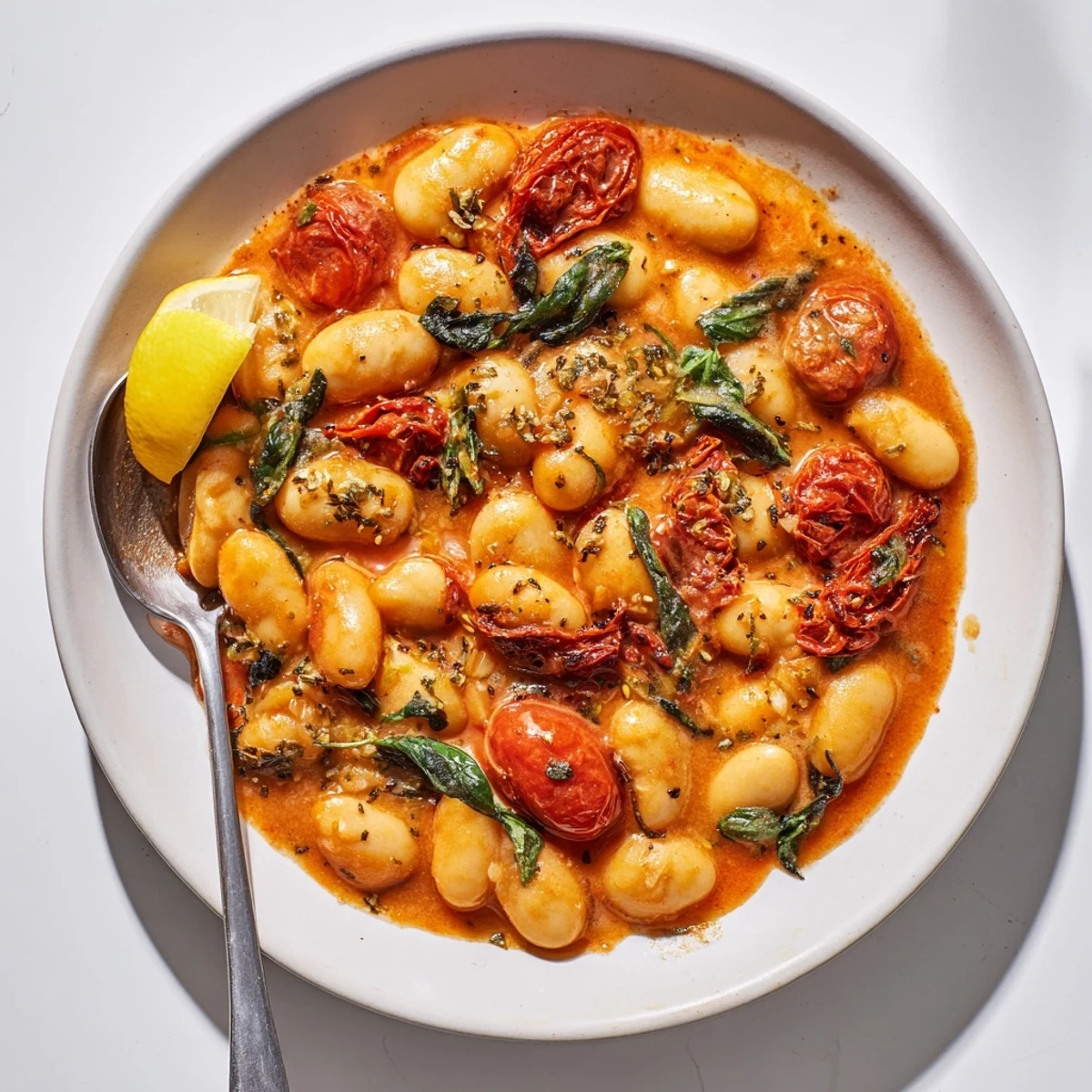 Golden skillet of Greek yogurt marry me butter beans simmered with sun-dried tomatoes and spinach