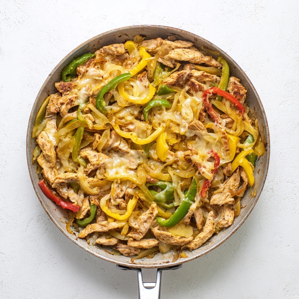 Golden chicken cheesesteak skillet bubbling with melted provolone over sautéed peppers and onions