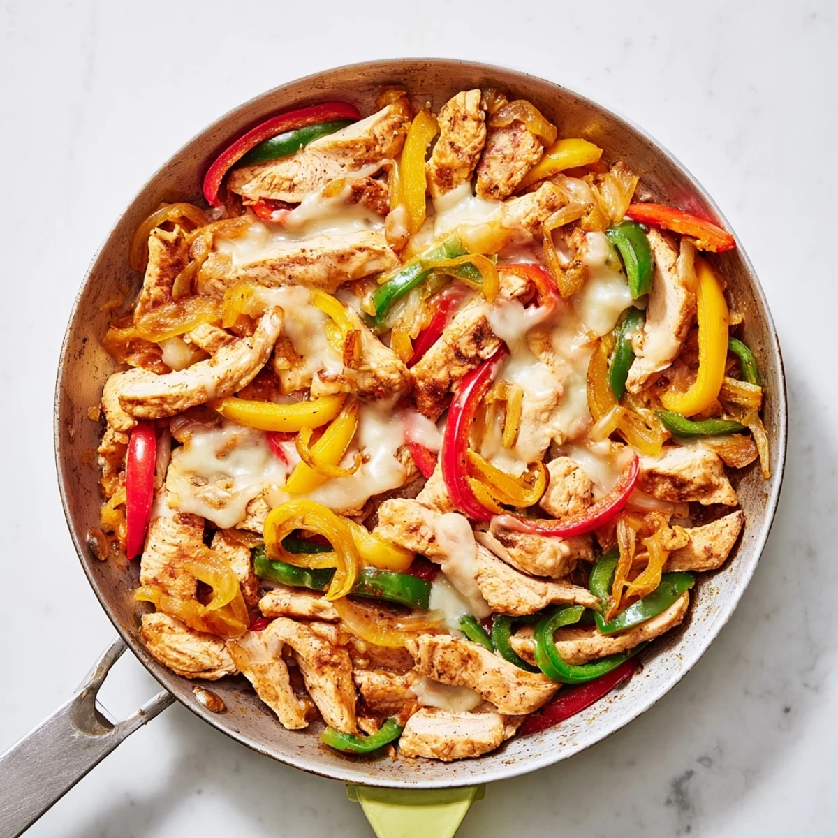 Sizzling chicken cheesesteak skillet features tender sliced meat with colorful bell peppers and onions