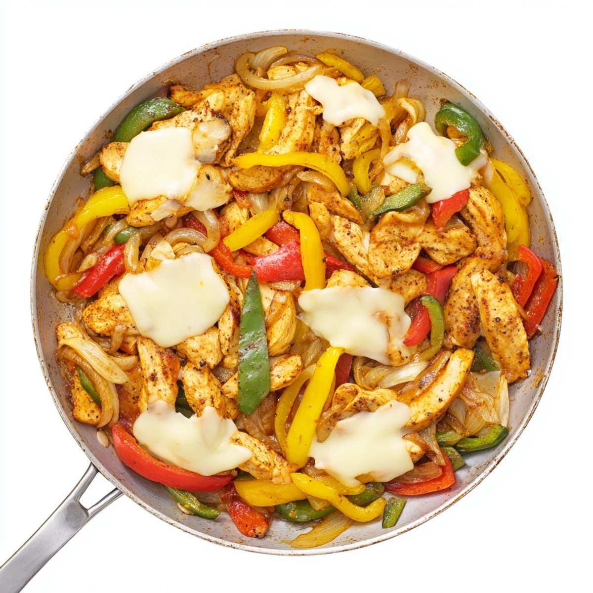 One-pan chicken cheesesteak skillet topped with melted provolone and caramelized vegetables ready to serve