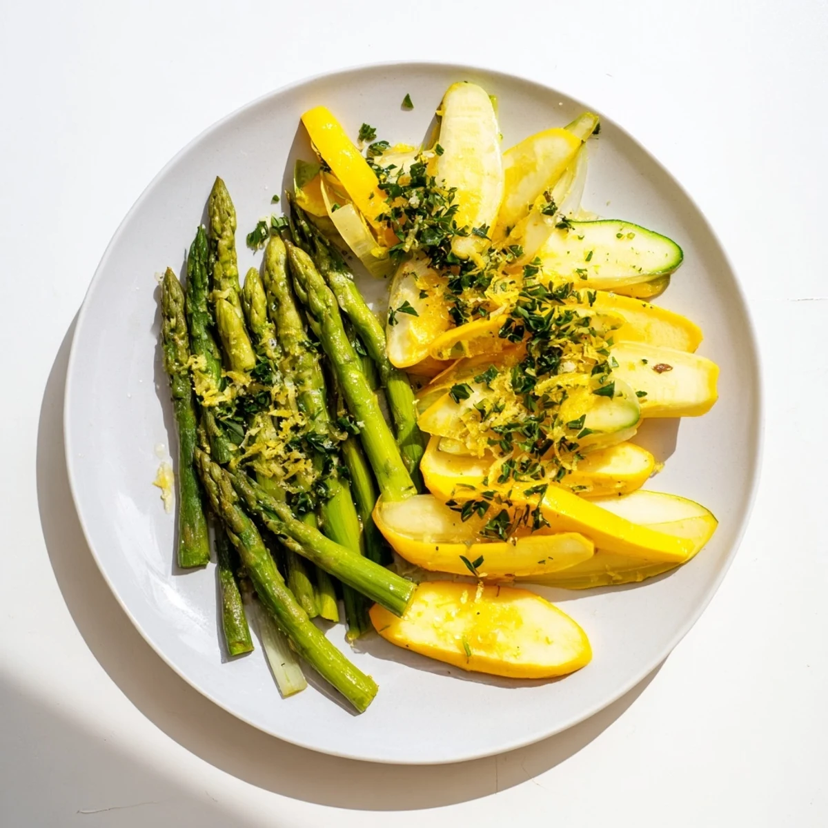 Colorful vegetable medley featuring tender asparagus, green zucchini, and bright squash sprinkled with parsley and lemon zest