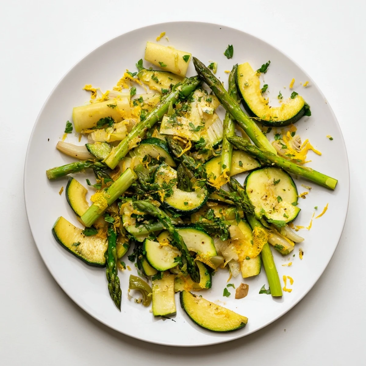 Sautéed asparagus with zucchini and summer squash arranged on a white plate, garnished with fresh herbs