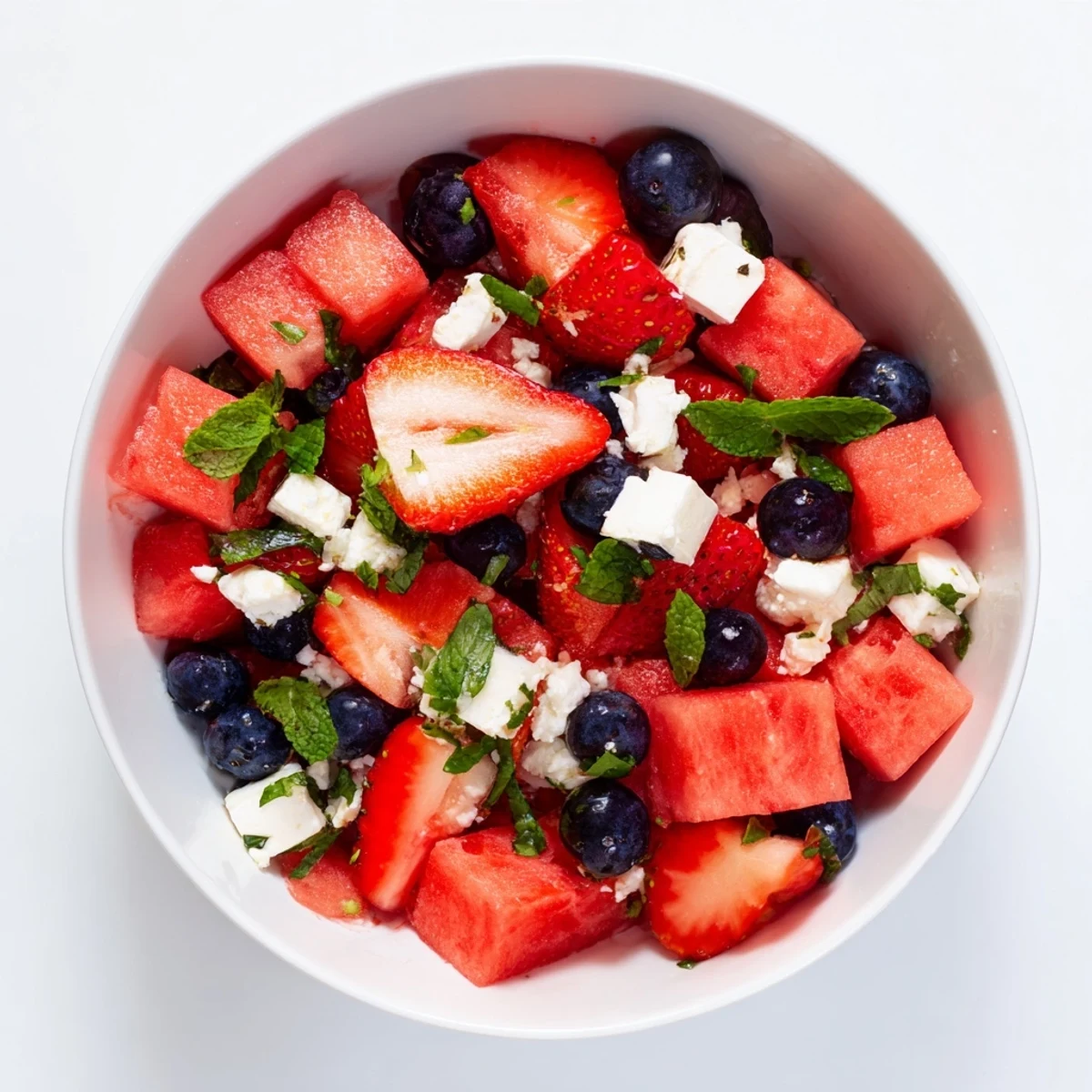 Vibrant bowl of juicy watermelon and sweet strawberries tossed in a bright honey lime dressing.