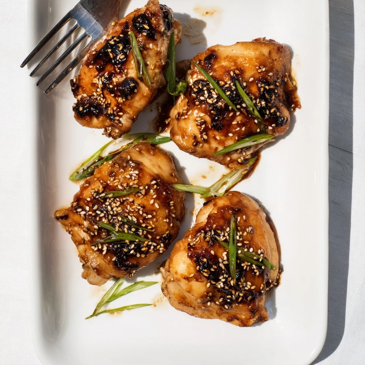 Golden roasted garlic miso chicken thighs with caramelized edges and garnish