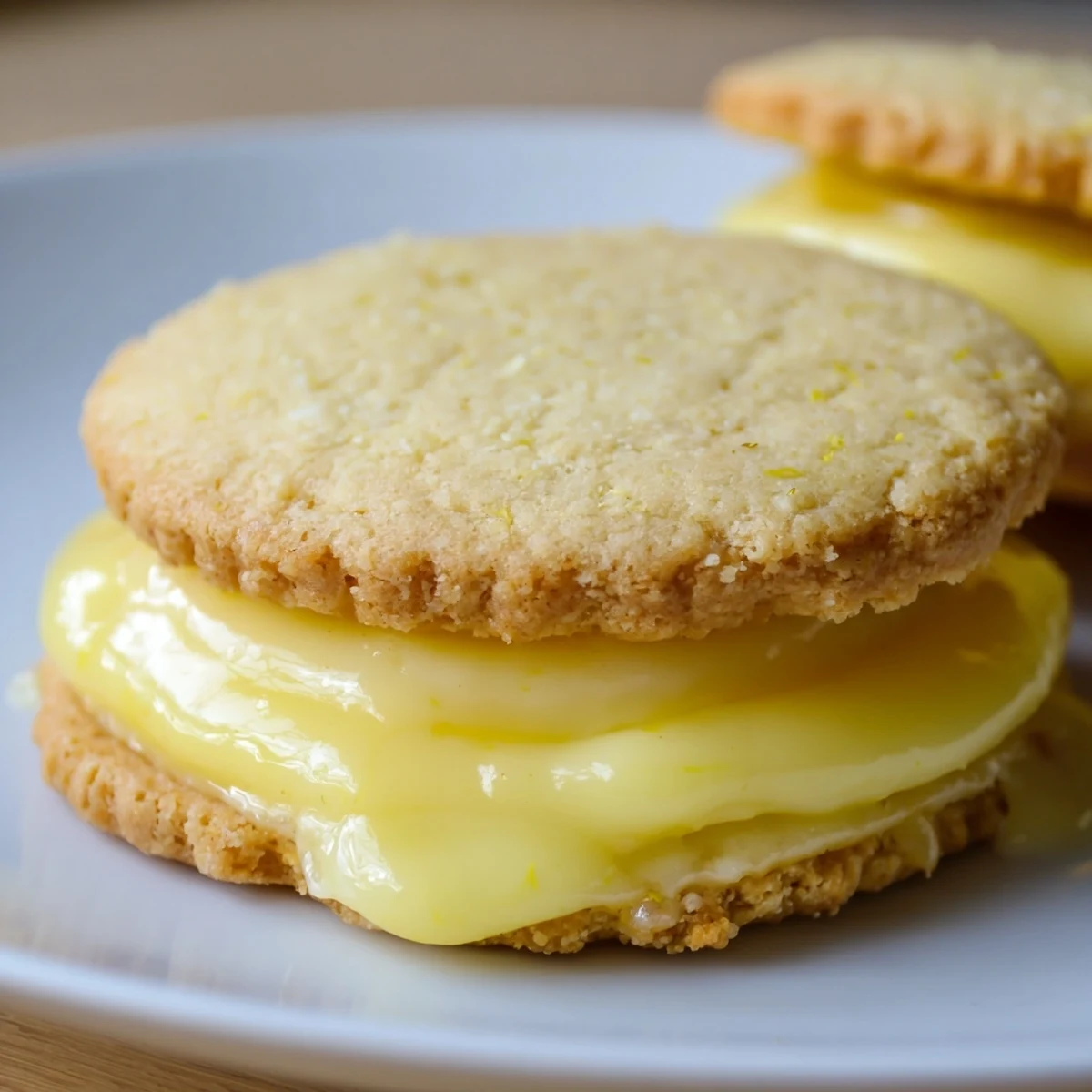 Golden lemon sandwich cookies filled with tangy homemade lemon curd on a white plate