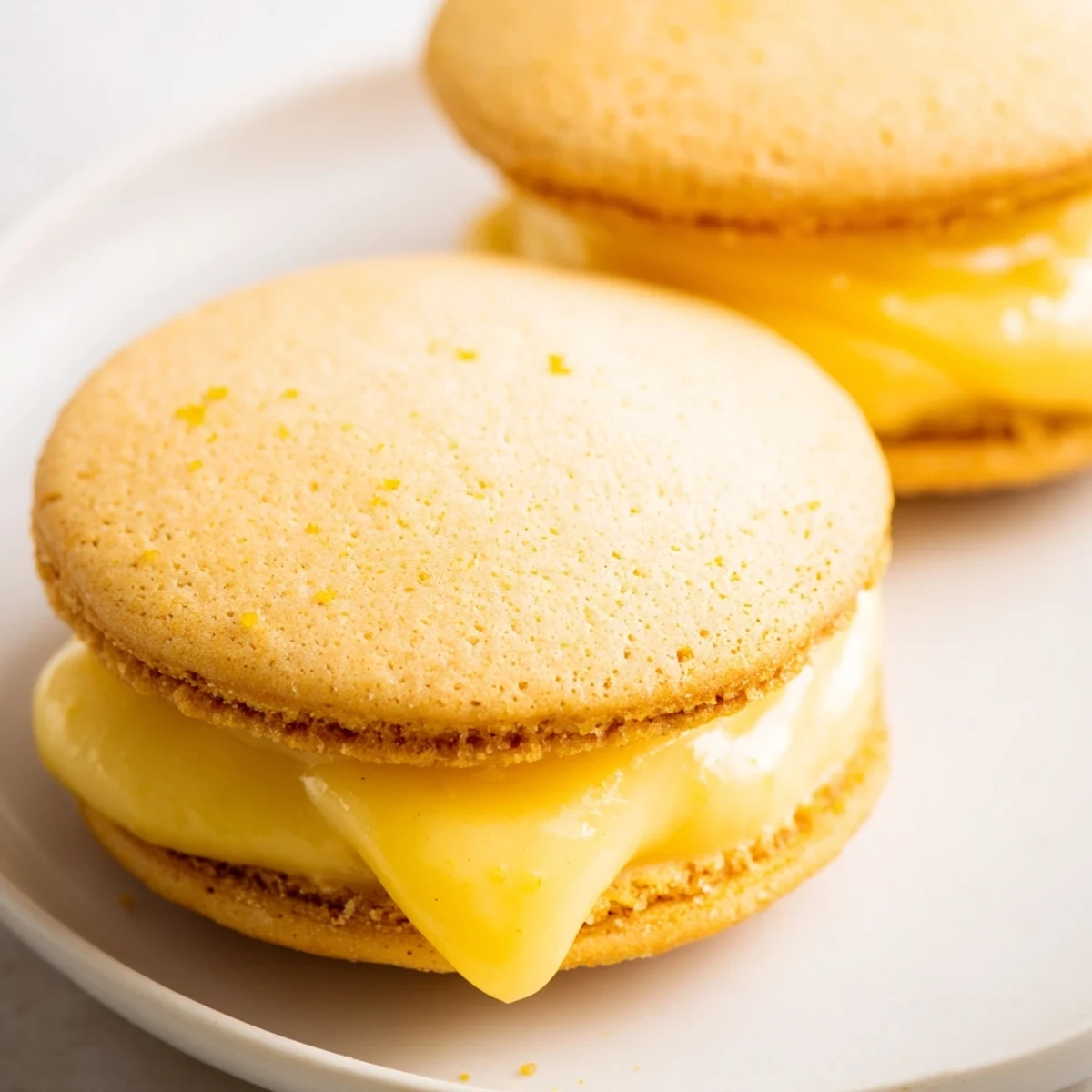 Stack of gluten-free lemon sandwich cookies with creamy lemon curd center on marble countertop