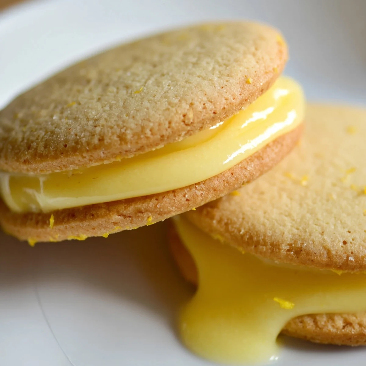 Two vegan lemon sandwich cookies showcasing bright yellow curd filling on rustic wooden surface