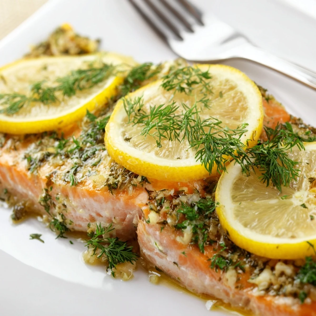 Golden baked salmon fillet with fresh herb lemon topping on a white plate