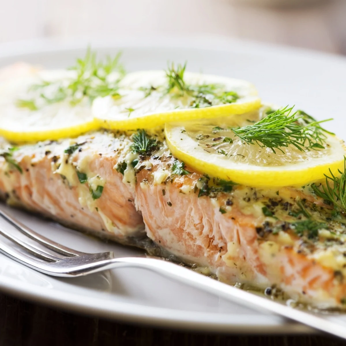 Tender baked salmon glazed with lemon garlic herbs and topped with thin lemon slices