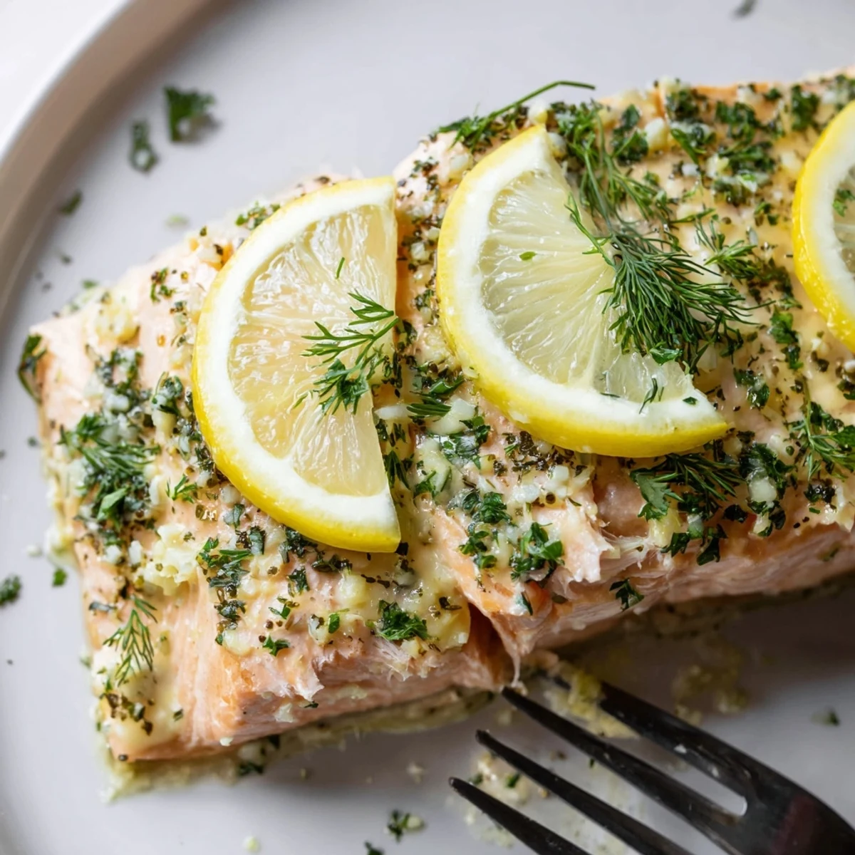 Flaky baked salmon seasoned with dill parsley and lemon served for dinner
